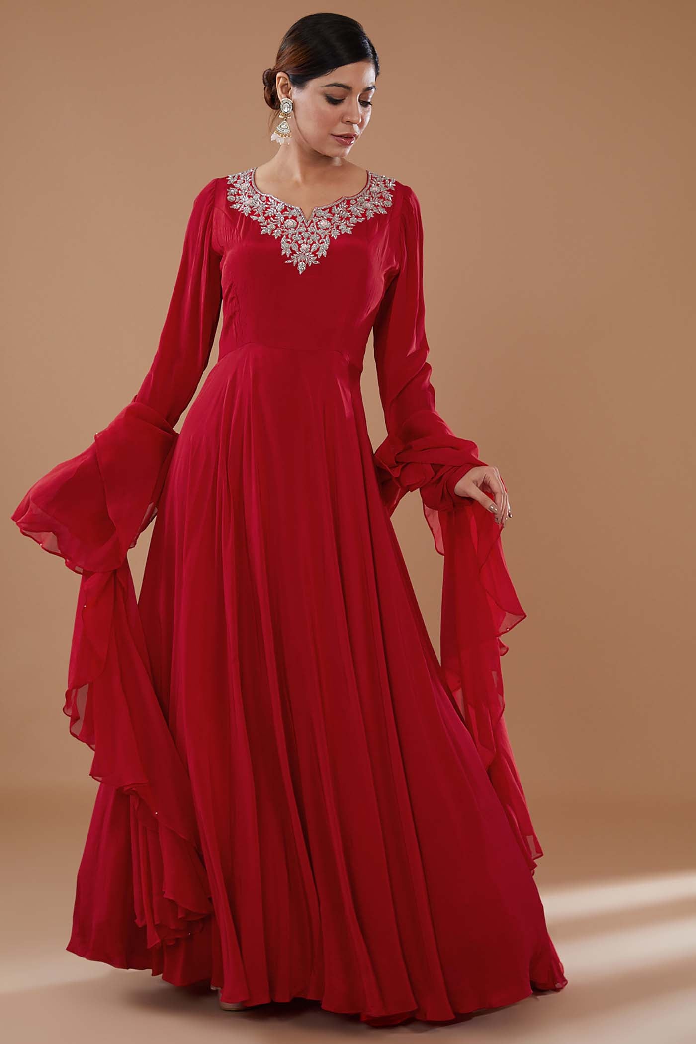 Red Anarkali with Ruffed Dupatta