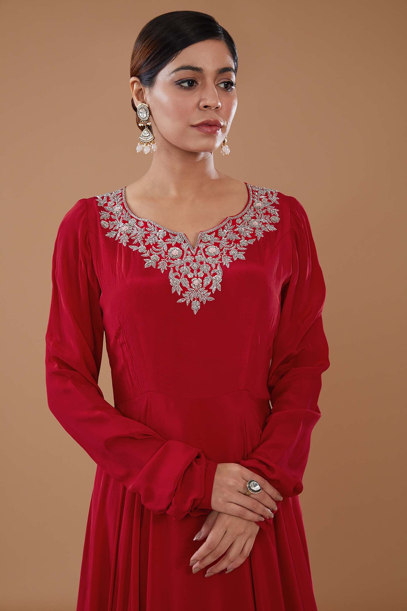 Red Anarkali with Ruffed Dupatta
