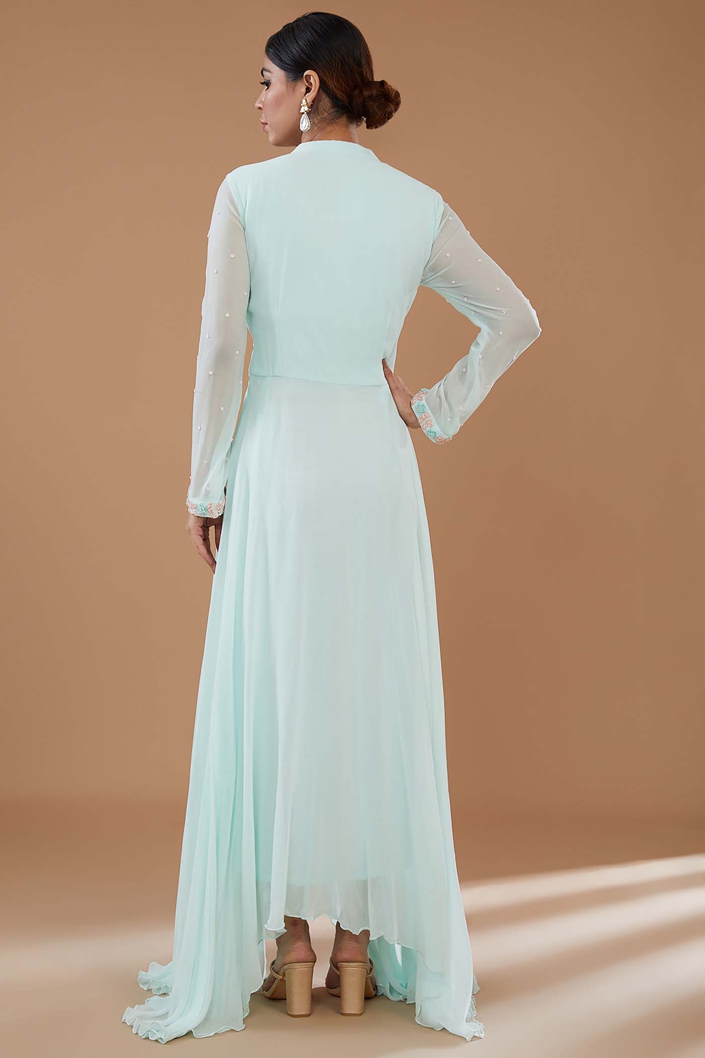 Ice-Blue Embroidered Asymmetrical Anarkali with Dupatta