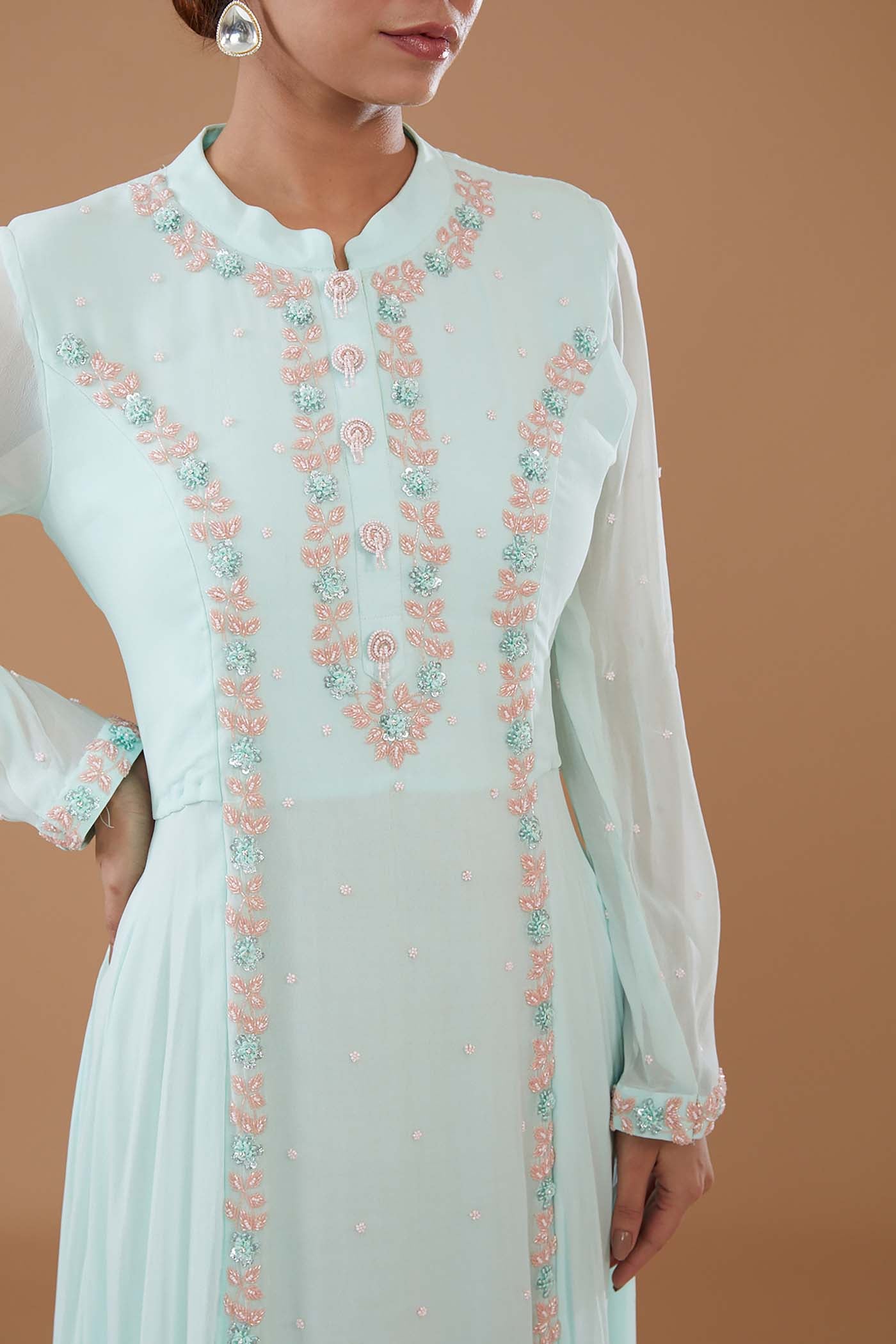 Ice-Blue Embroidered Asymmetrical Anarkali with Dupatta