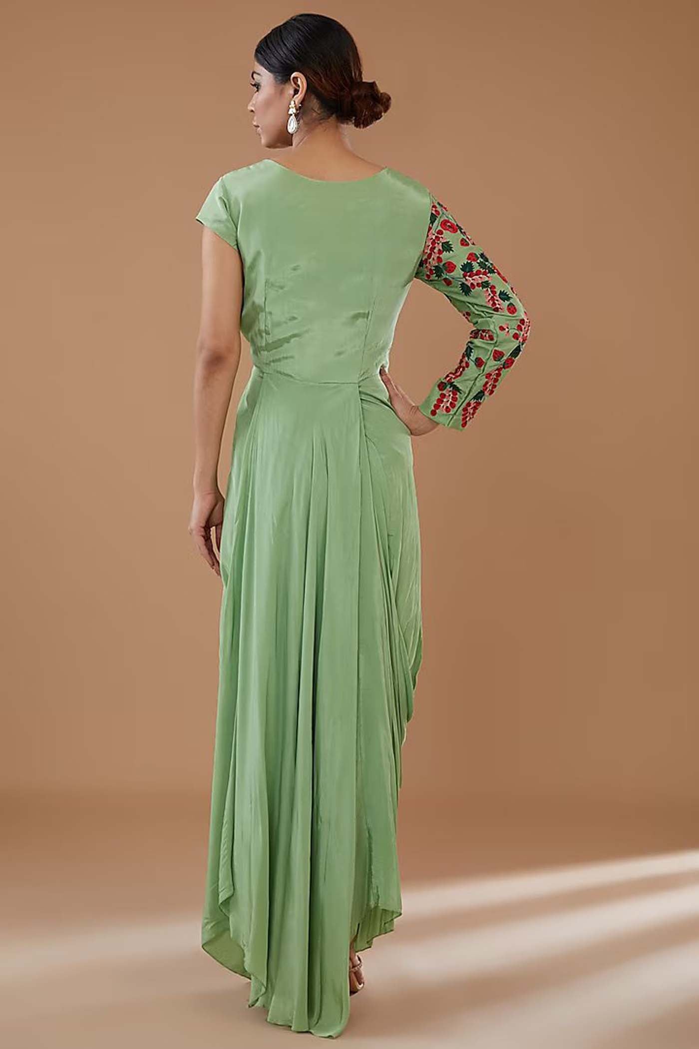 Green Cowl draped Dress with Embroidered jacket