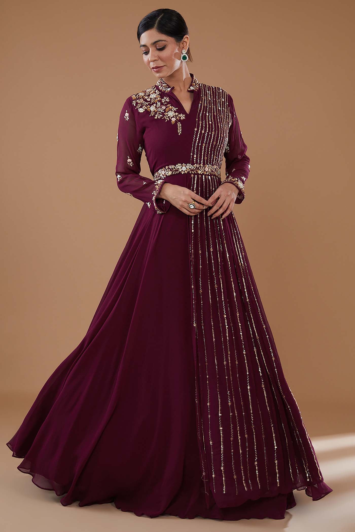 Wine Embroidered Draped Gown