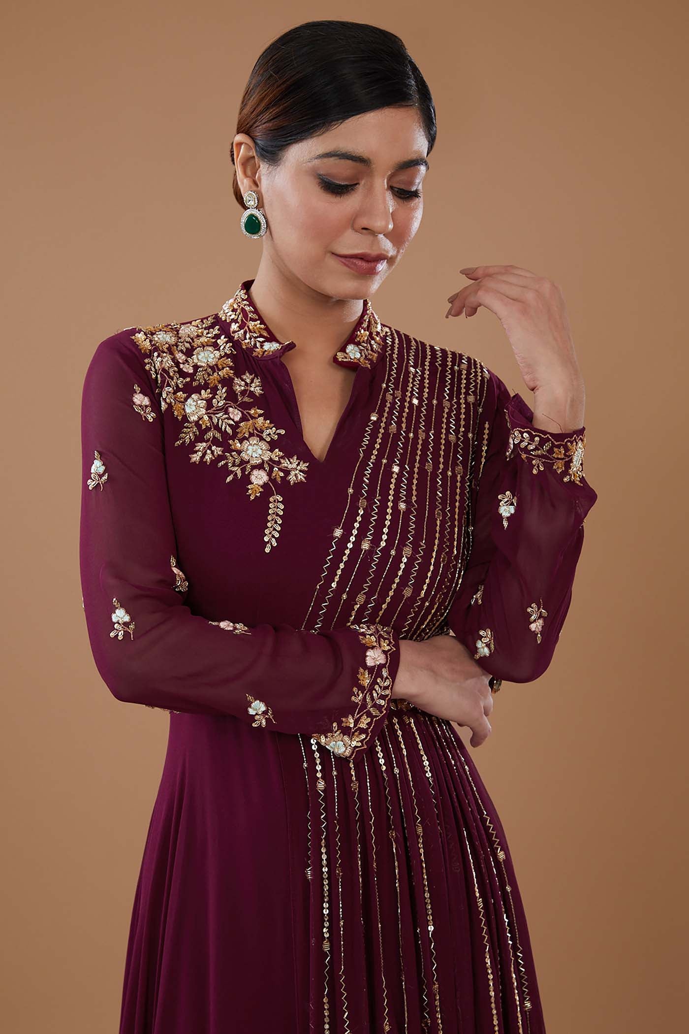 Wine Embroidered Draped Gown