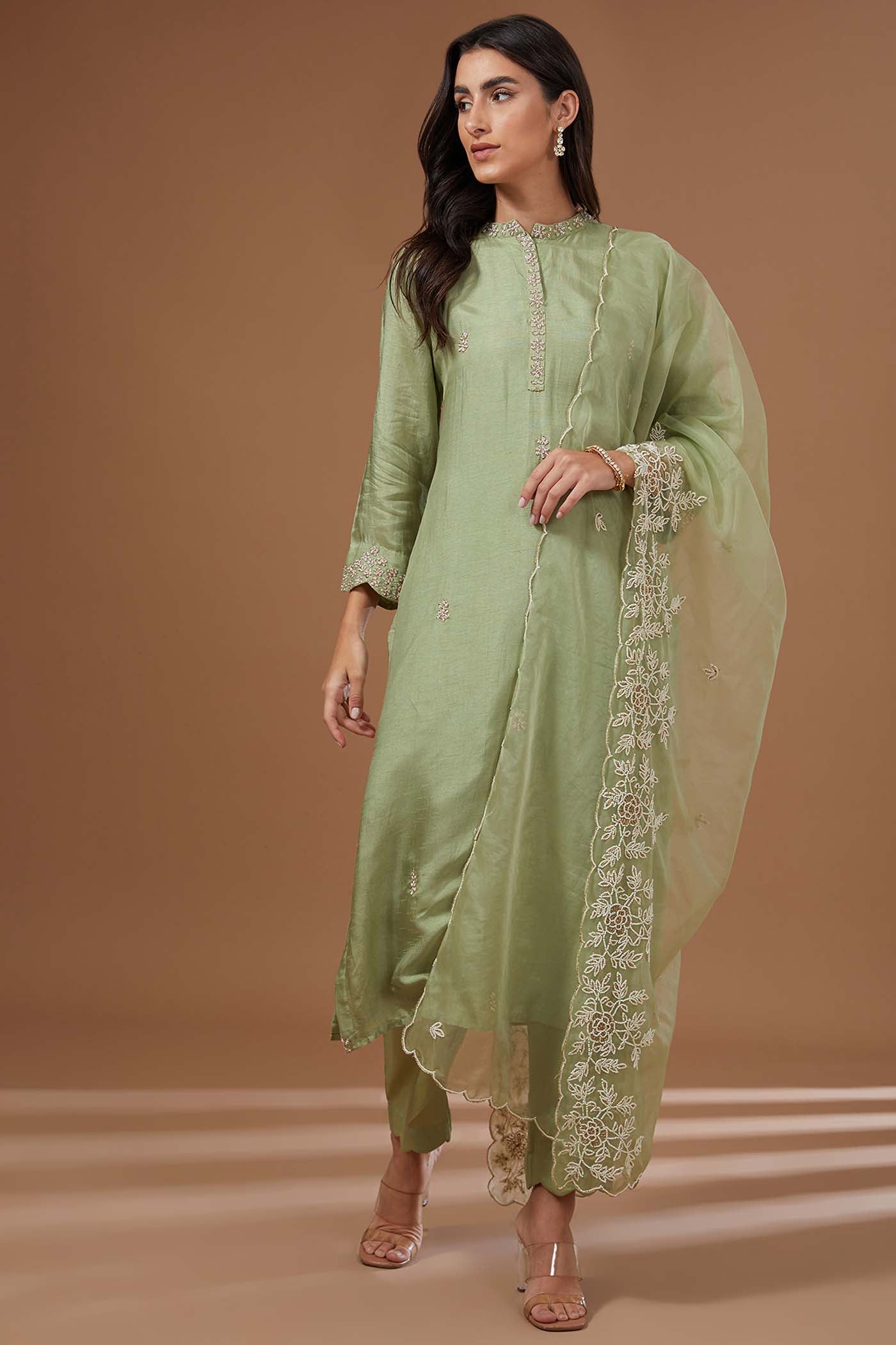 Green Straight Suit with Pants and Organza Dupatta