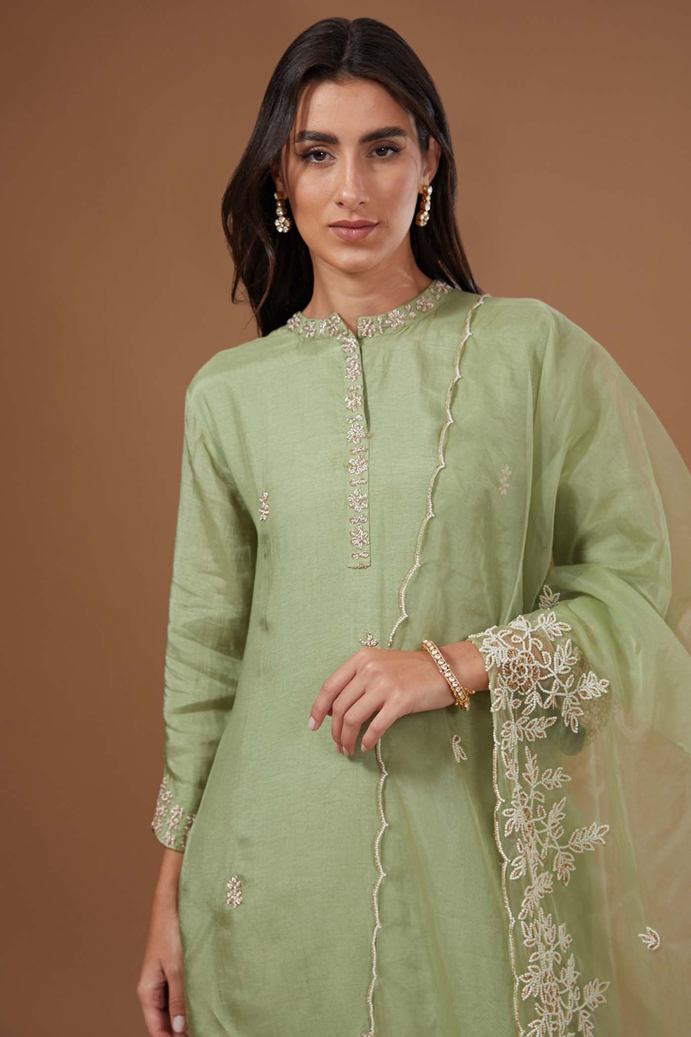 Green Straight Suit with Pants and Organza Dupatta