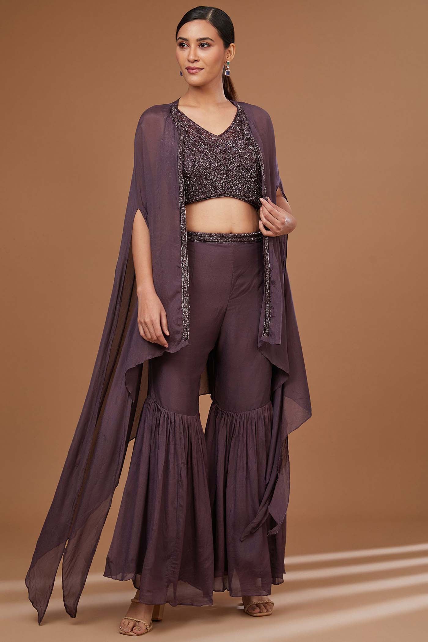 Brown Crop-Top with Sharara ,Cape Set