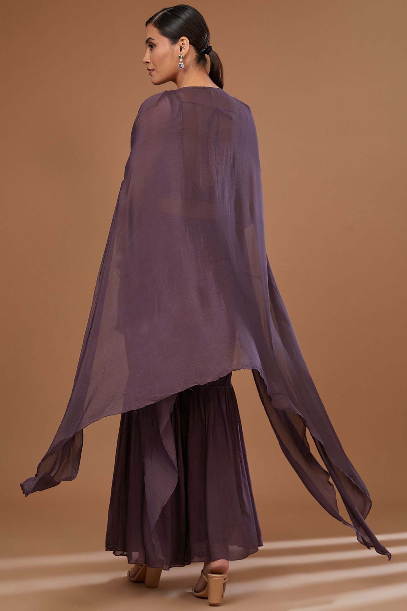 Brown Crop-Top with Sharara ,Cape Set