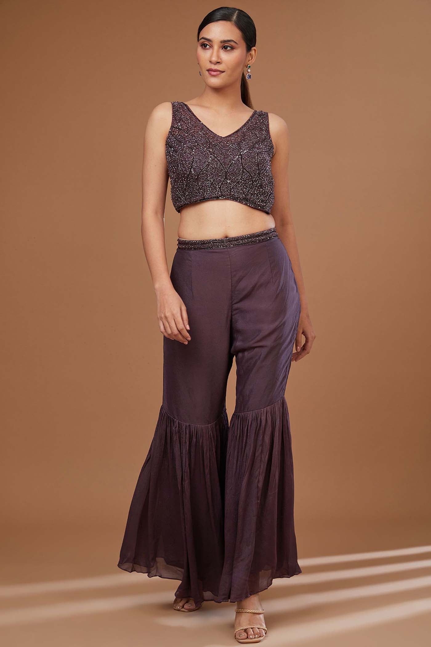 Brown Crop-Top with Sharara ,Cape Set