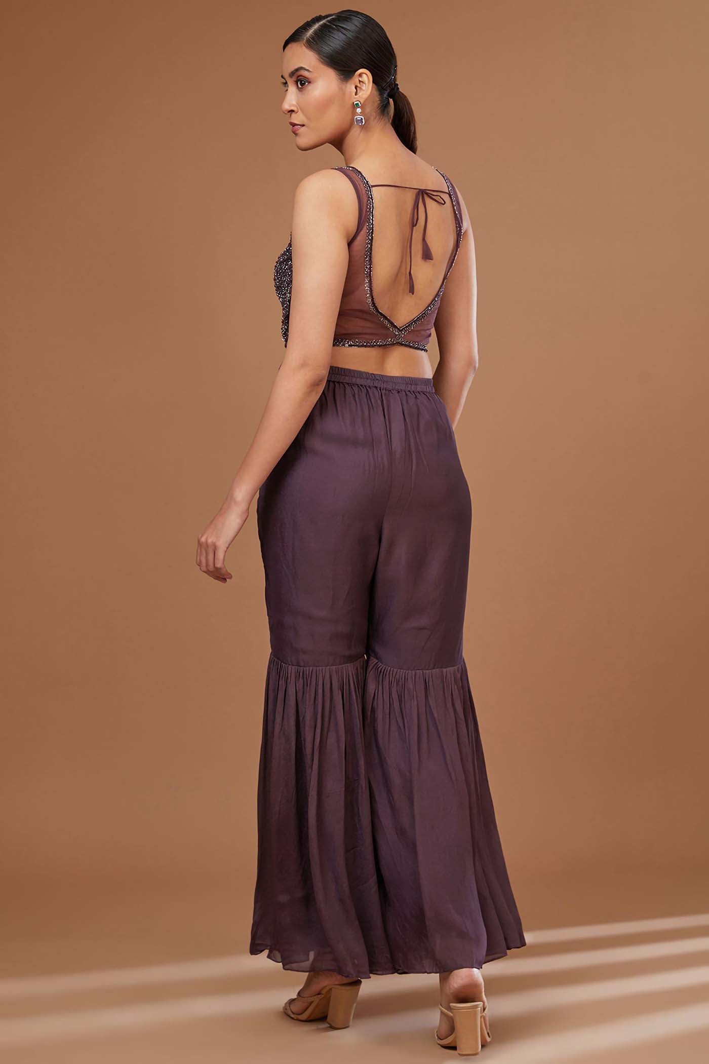 Brown Crop-Top with Sharara ,Cape Set