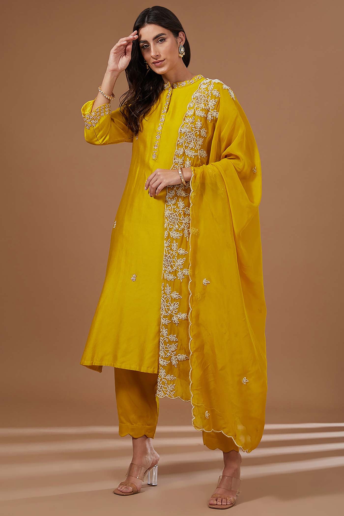 Mustard Straight Suit with Pants and Organza Dupatta
