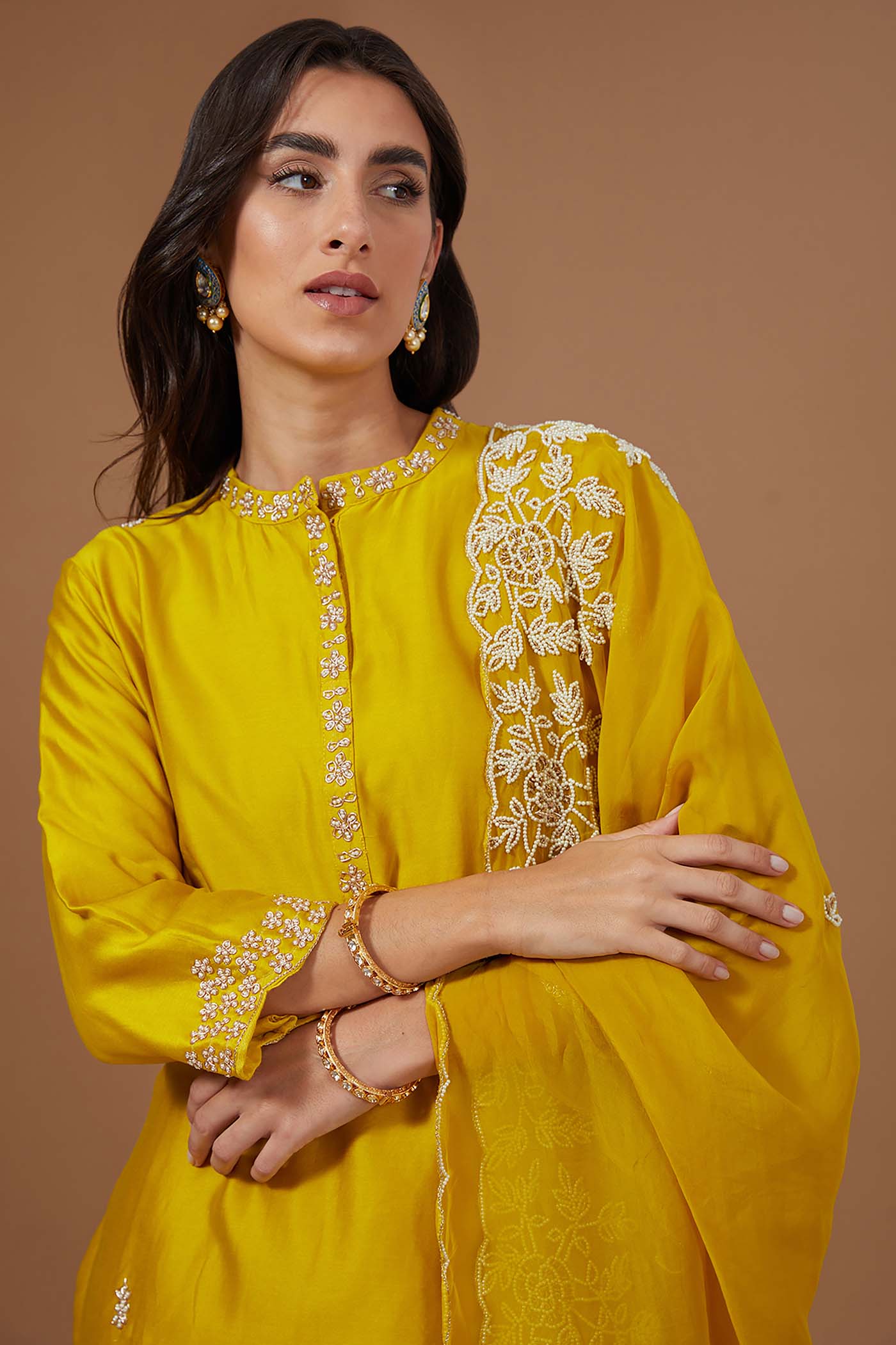 Mustard Straight Suit with Pants and Organza Dupatta