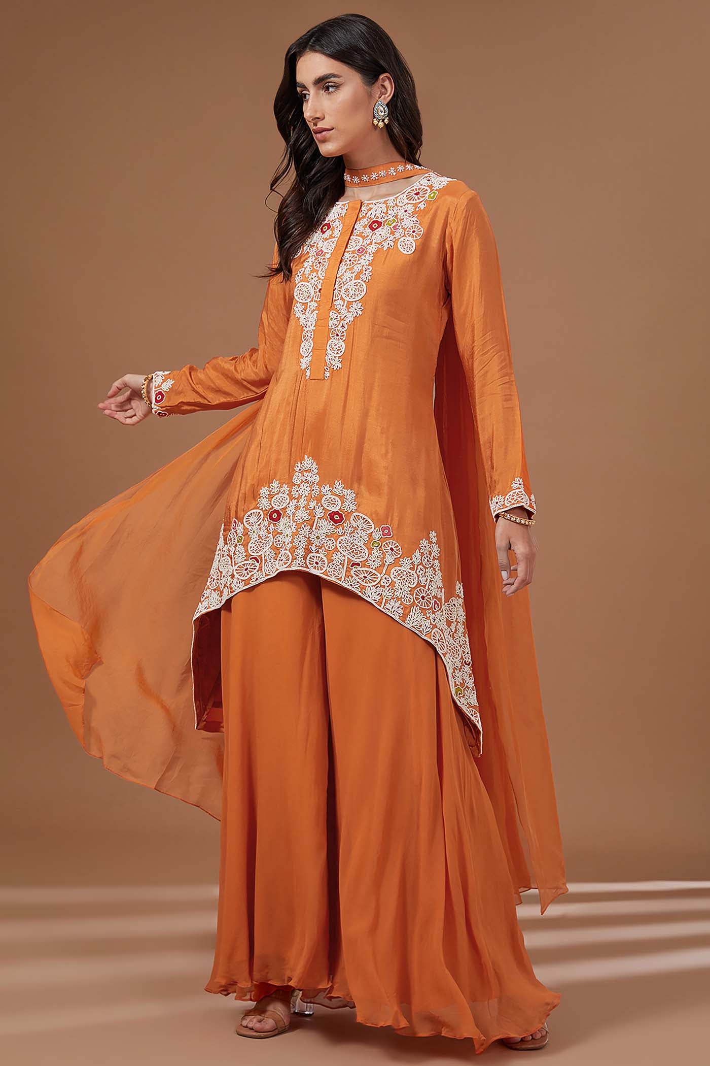 Organge High-Low Suit with Palazzo and Choker Dupatta