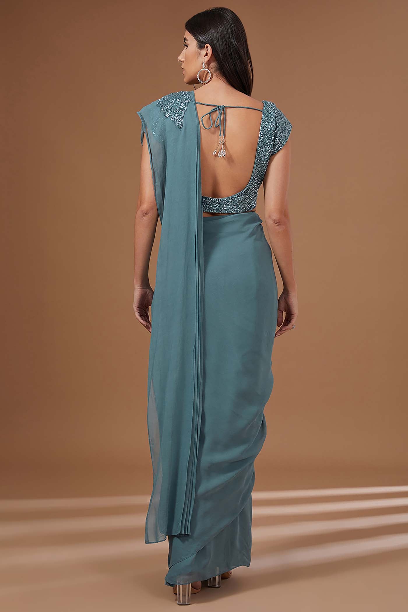 Cadet Blue Draped Saree with Belt