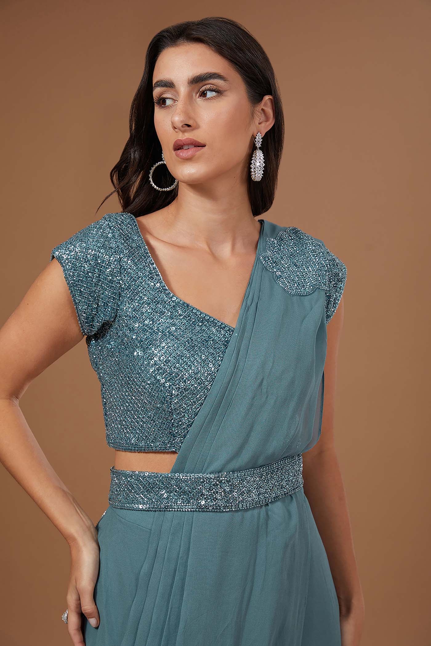 Cadet Blue Draped Saree with Belt