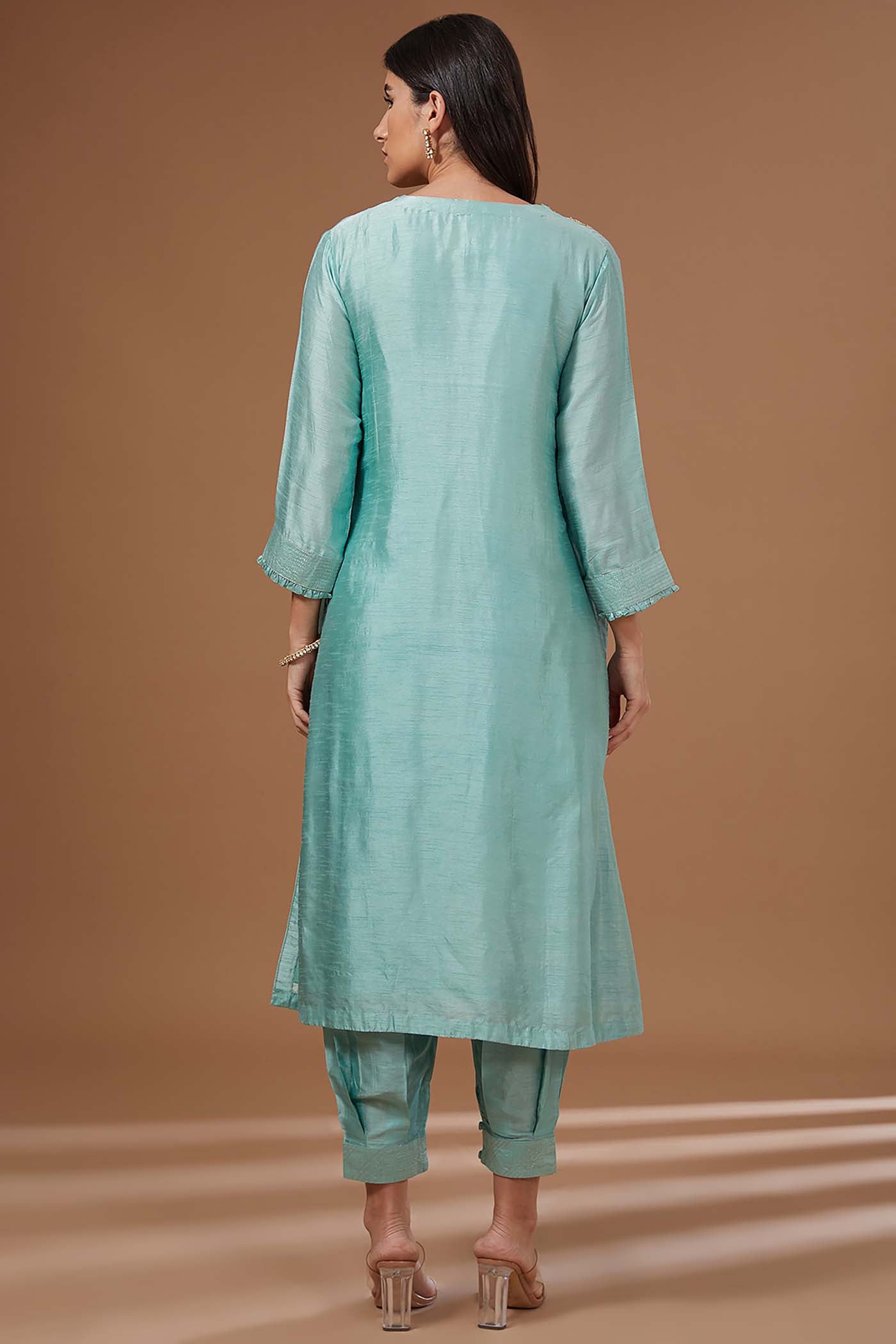 Aqua Green Suit with Pants Salwar and Organza Dupatta