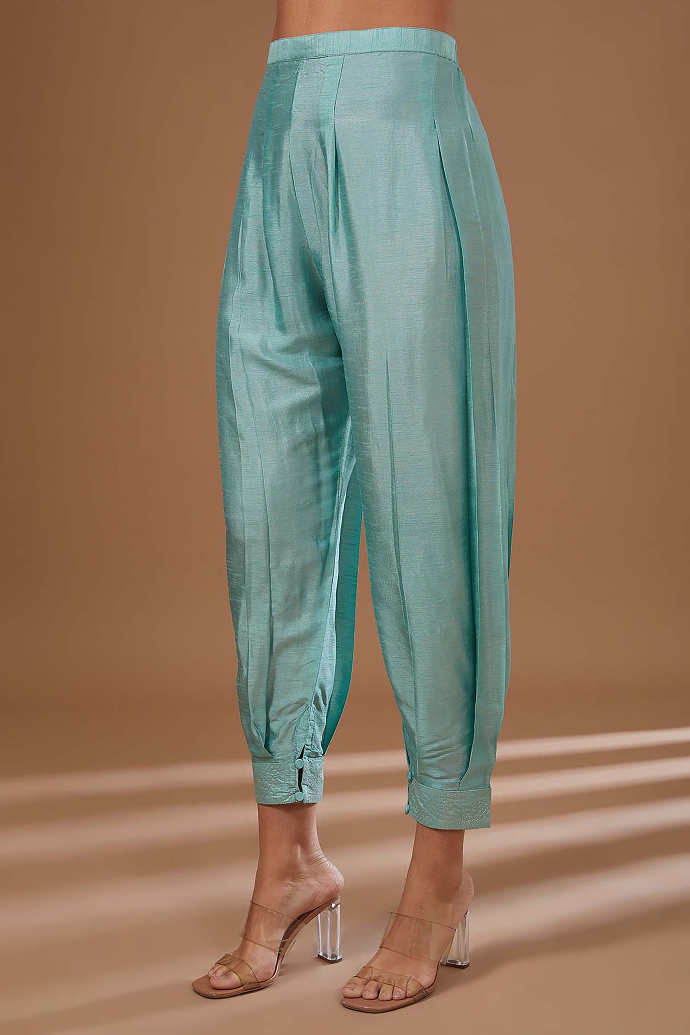 Aqua Green Suit with Pants Salwar and Organza Dupatta