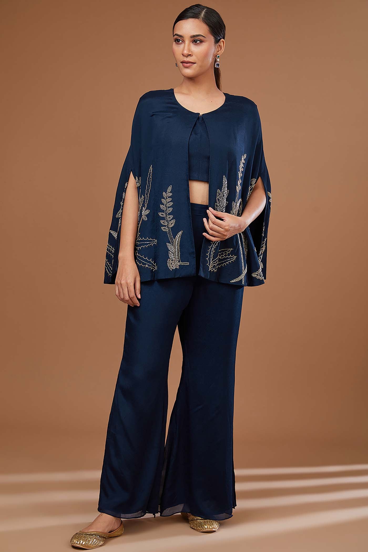 Blue Crop-top with Palazzo and Cape Set