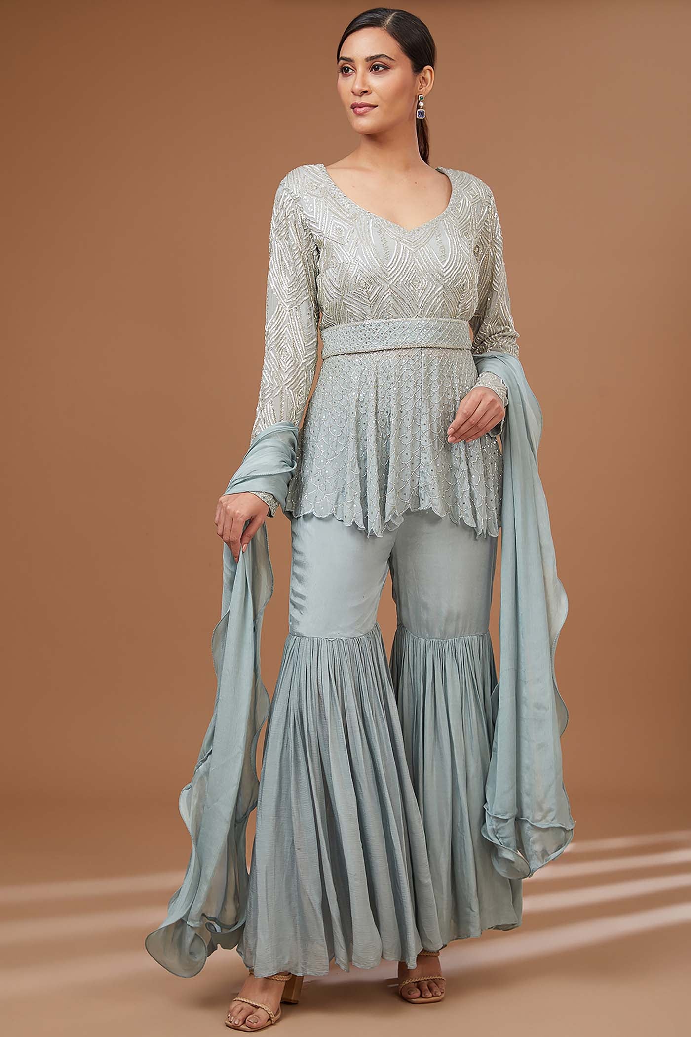 Ice-Blue High-Low Top with Sharara and Dupatta,Belt