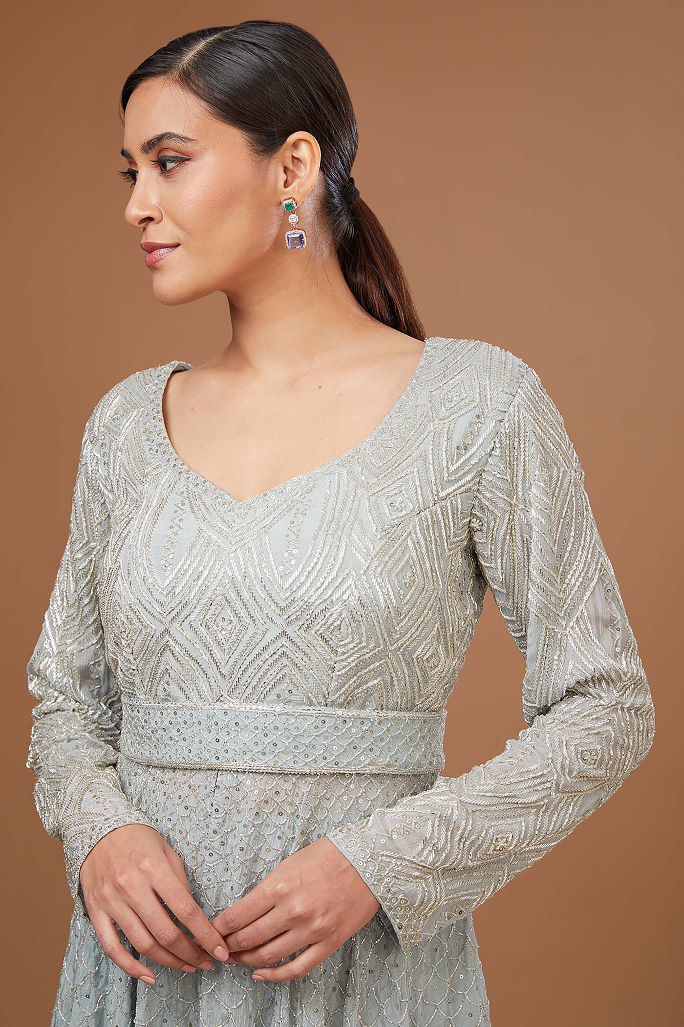 Ice-Blue High-Low Top with Sharara and Dupatta,Belt