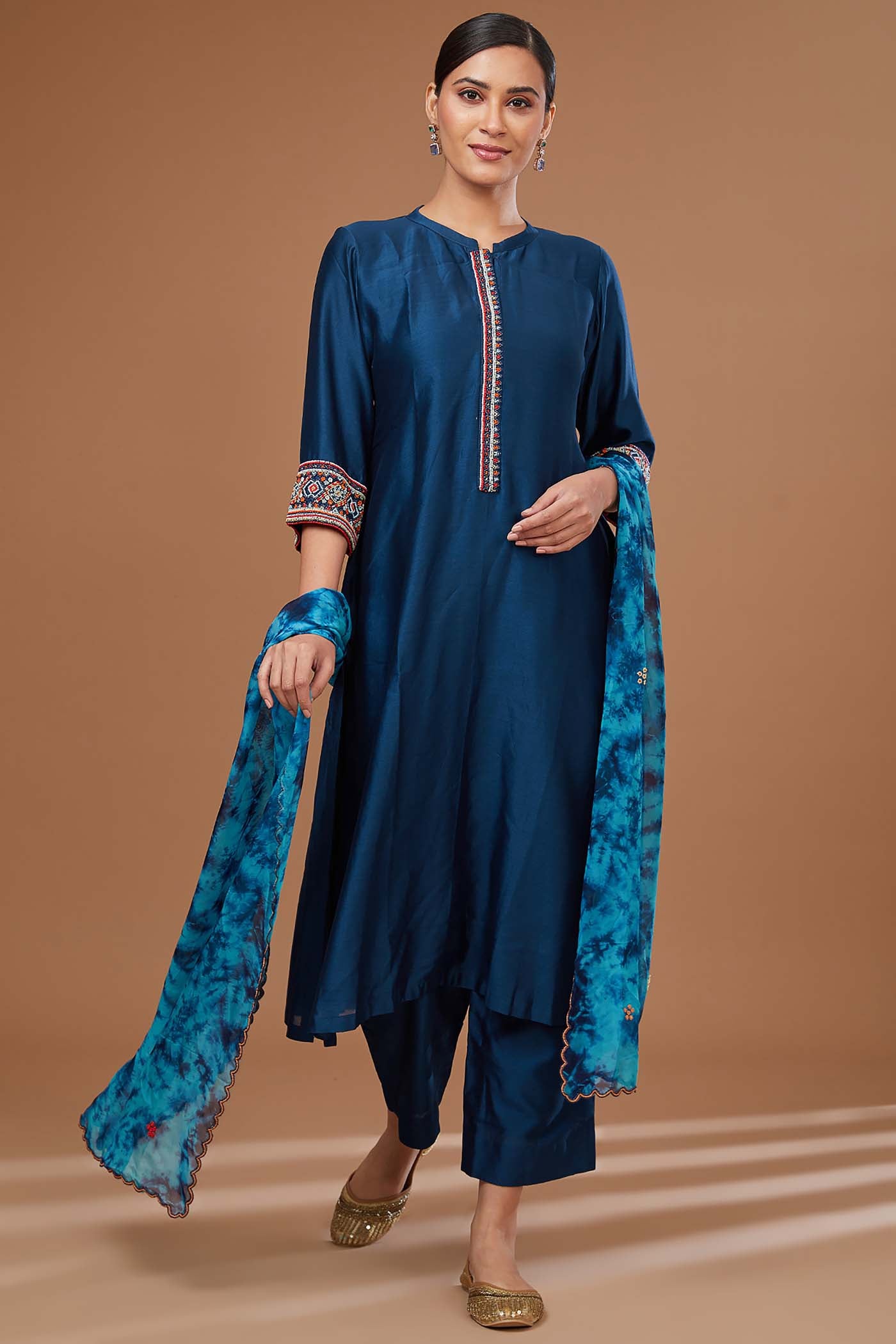 Blue Straight suit with Pants and Tie & Dye Dupatta