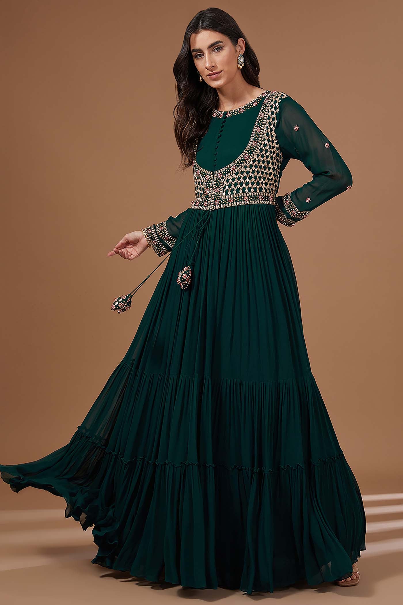 Bottle Green Tiered Anarkali with Attached Jacket and Heavy Tassles