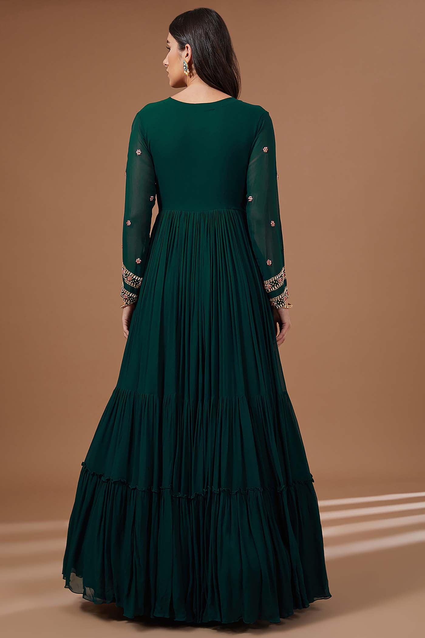 Bottle Green Tiered Anarkali with Attached Jacket and Heavy Tassles