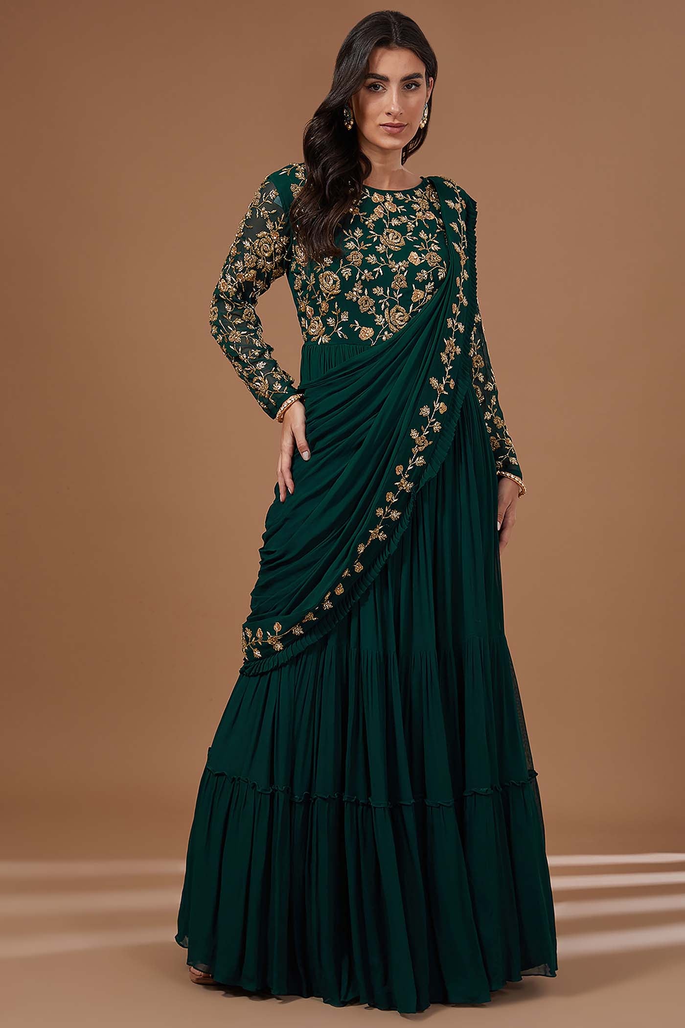 Botlle Green Draped gown saree