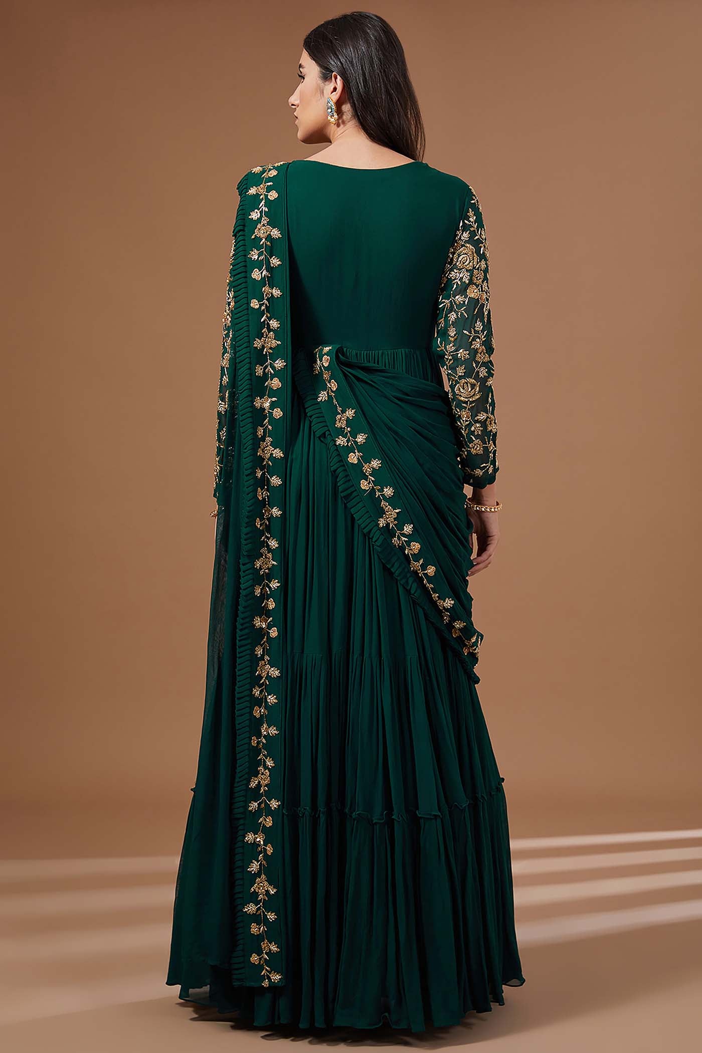 Botlle Green Draped gown saree