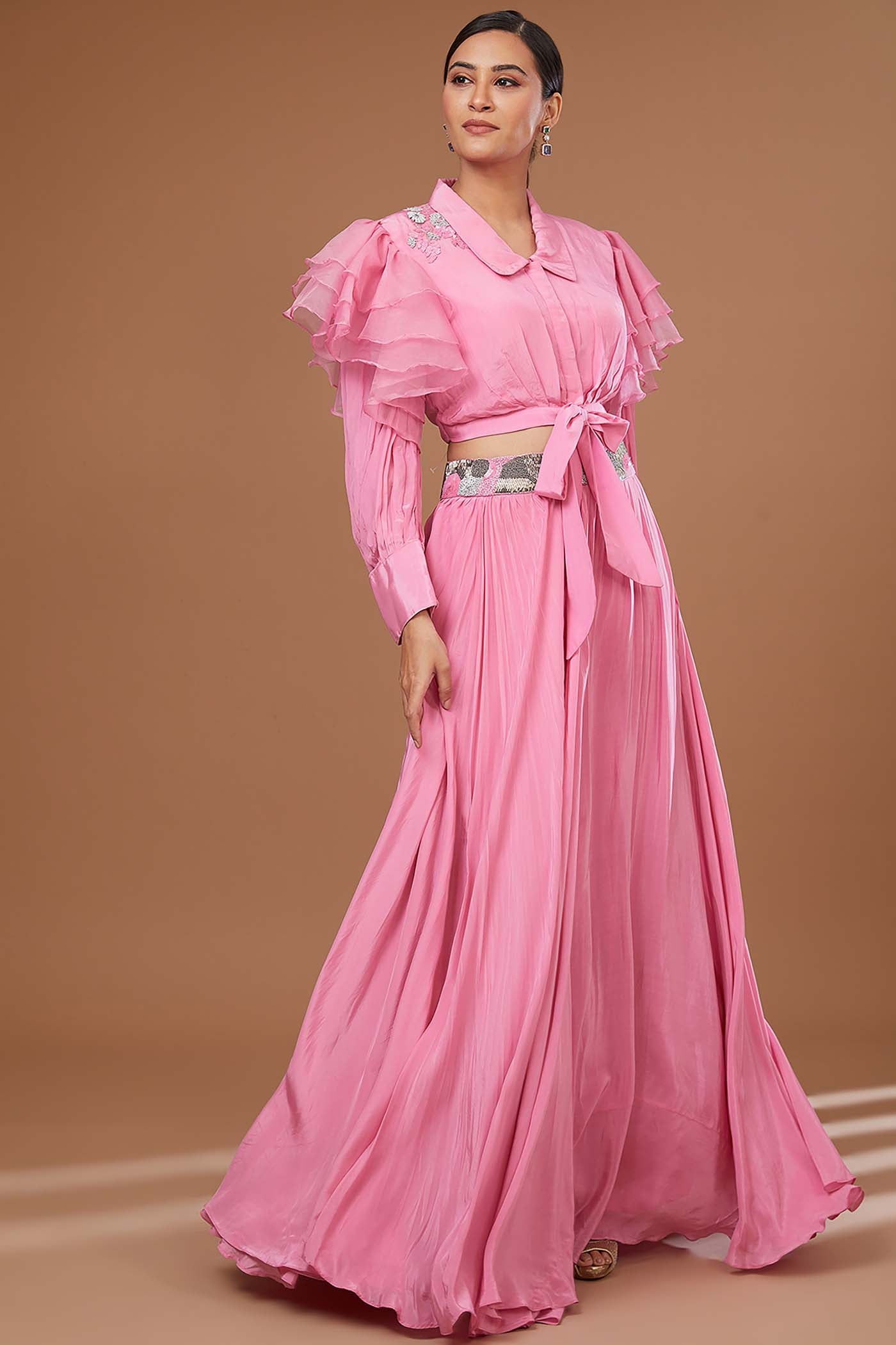 Pink Crop-top with Skirt Set
