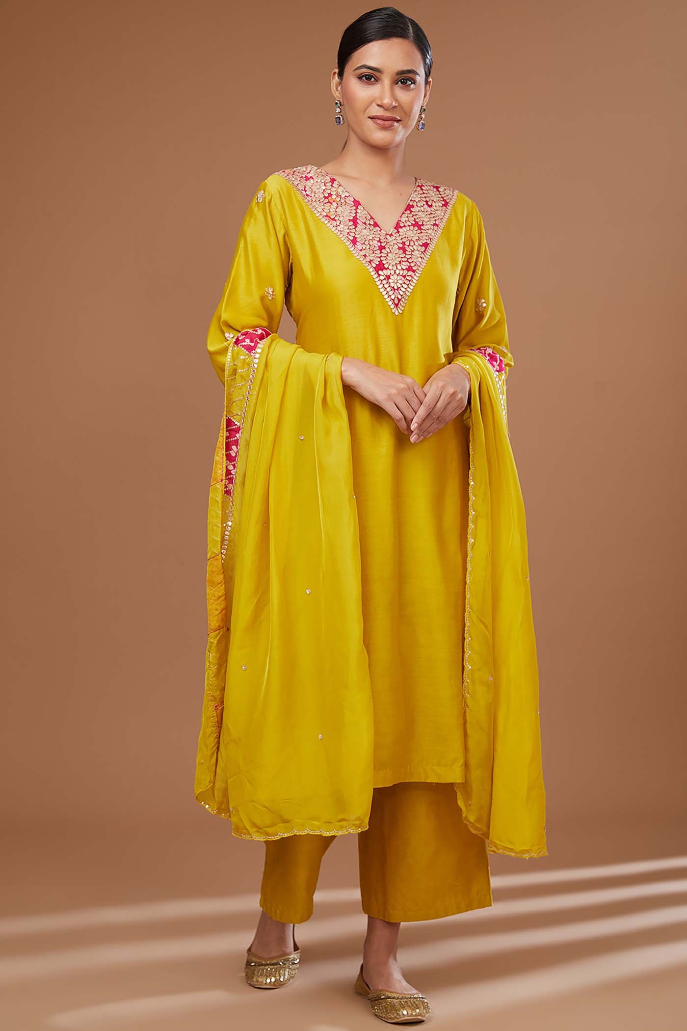 Mustard Straight Suit with Pants and Organza Dupatta