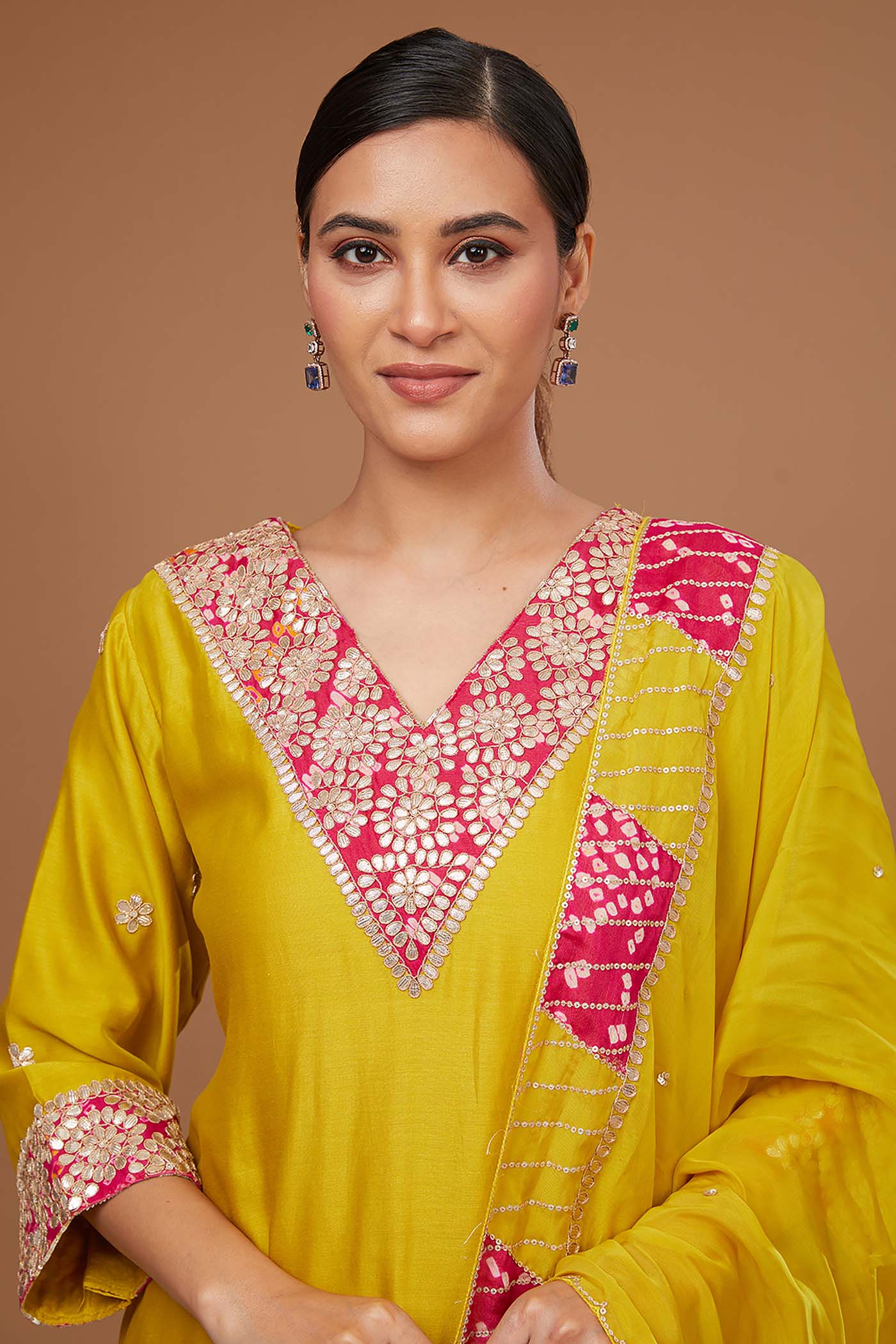 Mustard Straight Suit with Pants and Organza Dupatta
