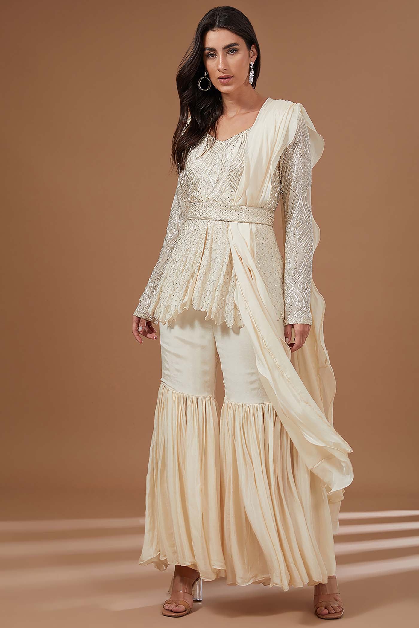 Ivory High-Low Top with Sharara and Dupatta,Belt