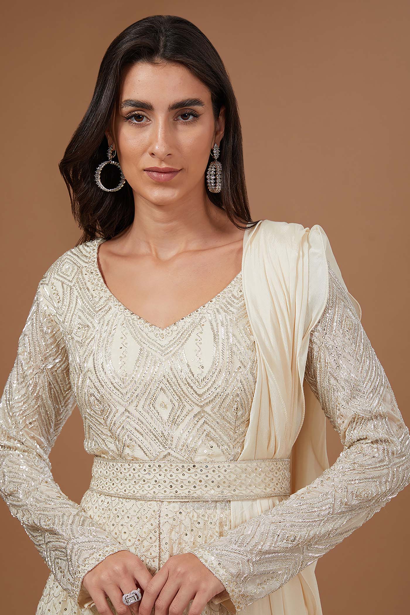 Ivory High-Low Top with Sharara and Dupatta,Belt