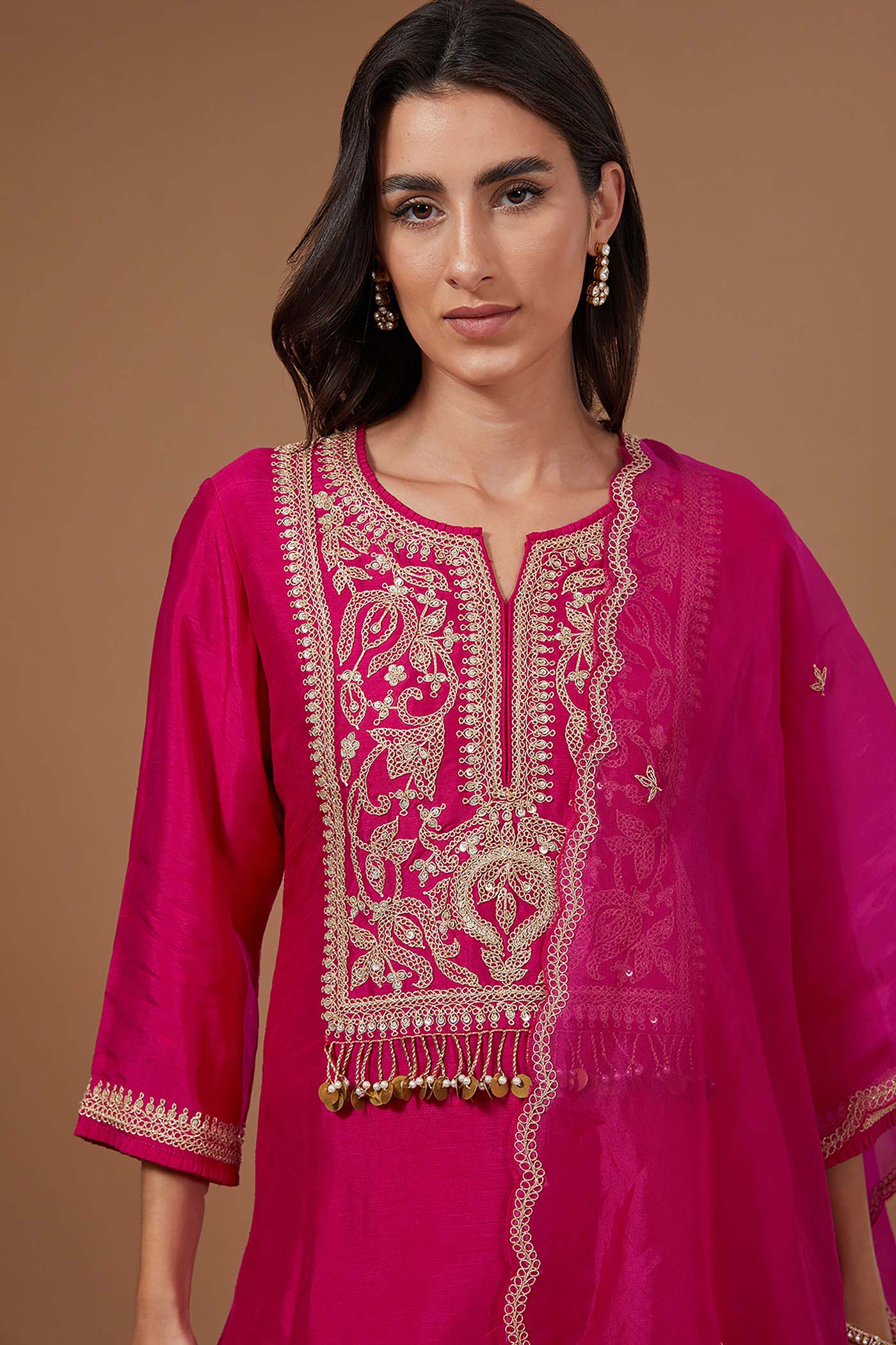 Fuchsia Suit with Pants Salwar and Organza Dupatta