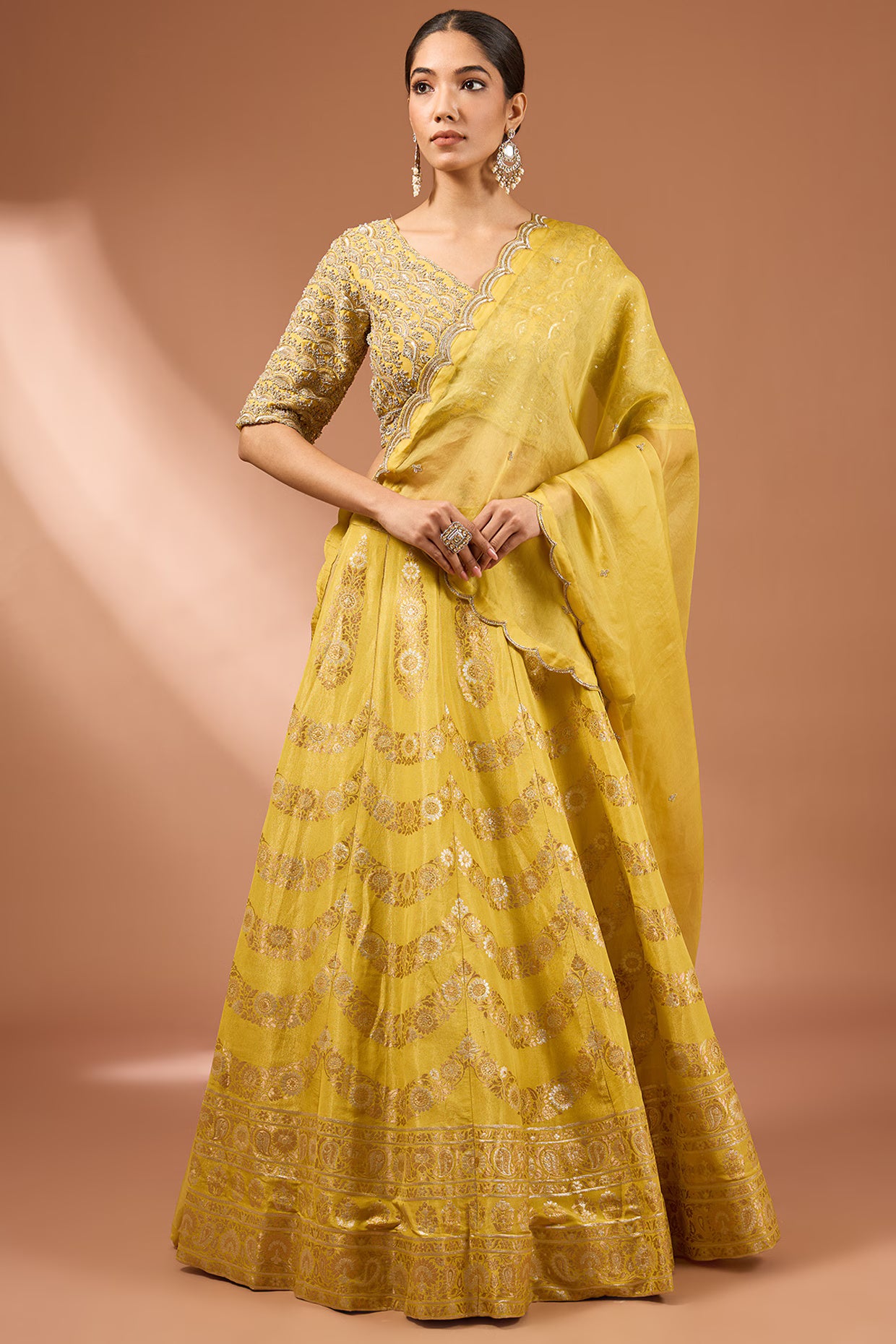 Yellow Banarasi Silk Zardosi Embellished Lehenga Set