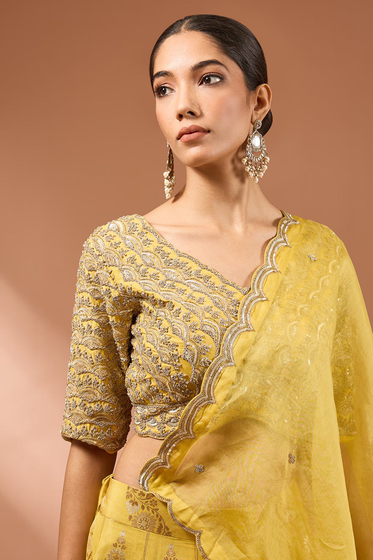 Yellow Banarasi Silk Zardosi Embellished Lehenga Set