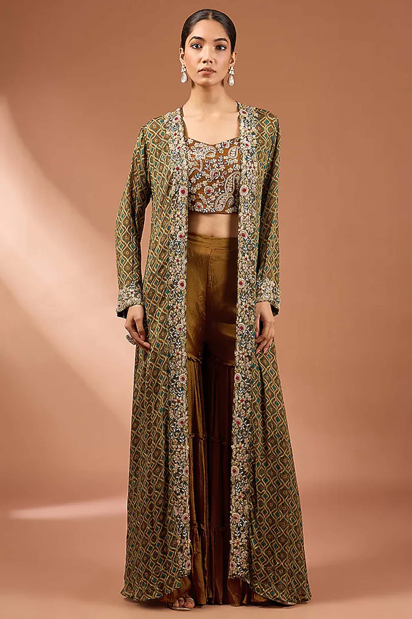 Cocoa Brown Crop-Top with Sharara and Digital Printed Jacket Set