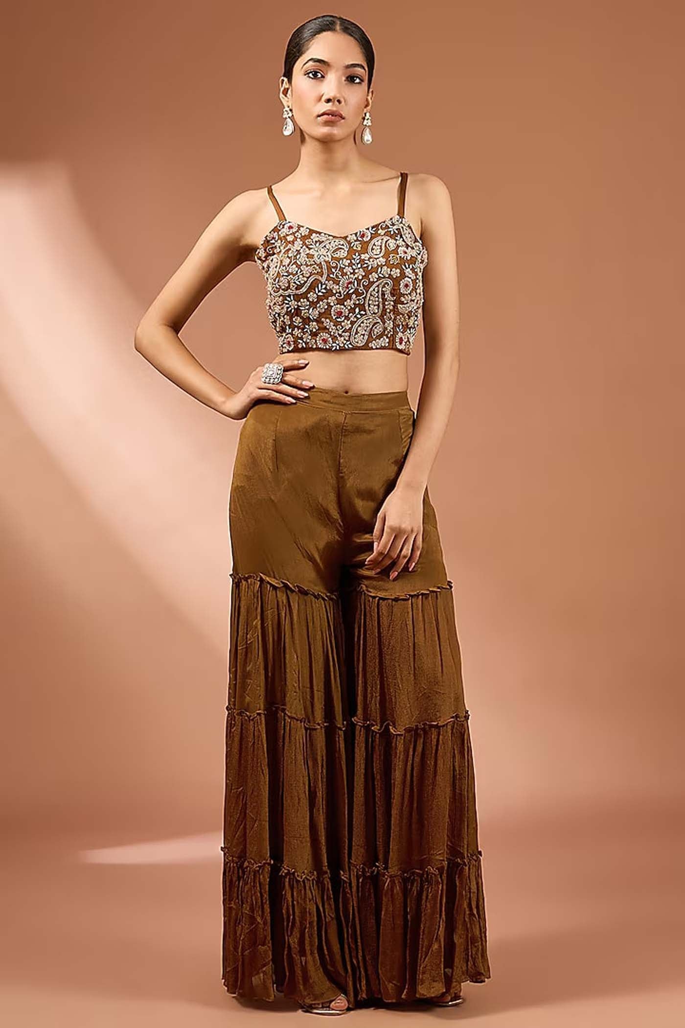 Cocoa Brown Crop-Top with Sharara and Digital Printed Jacket Set
