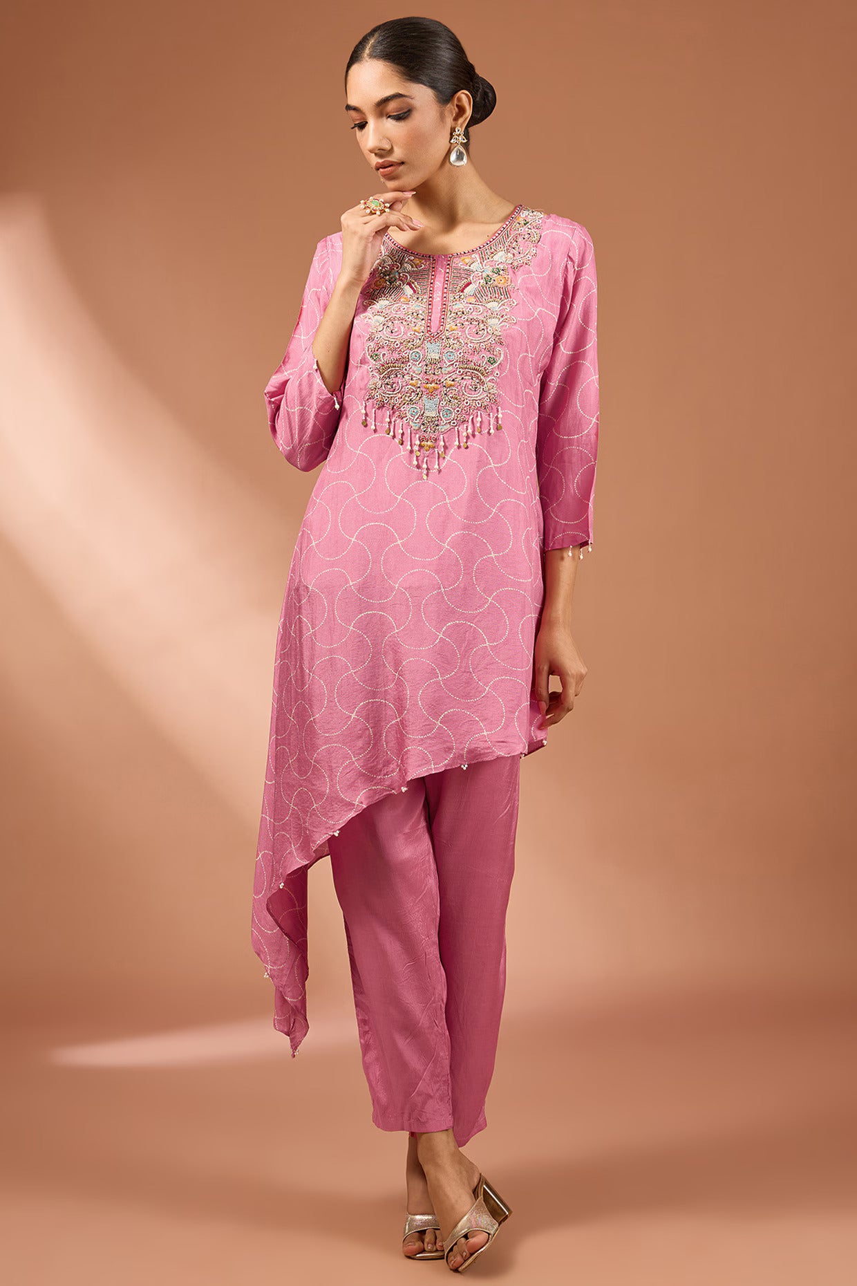 Pink Dupion Silk Zardosi Embroidered High-Low Kurta Set