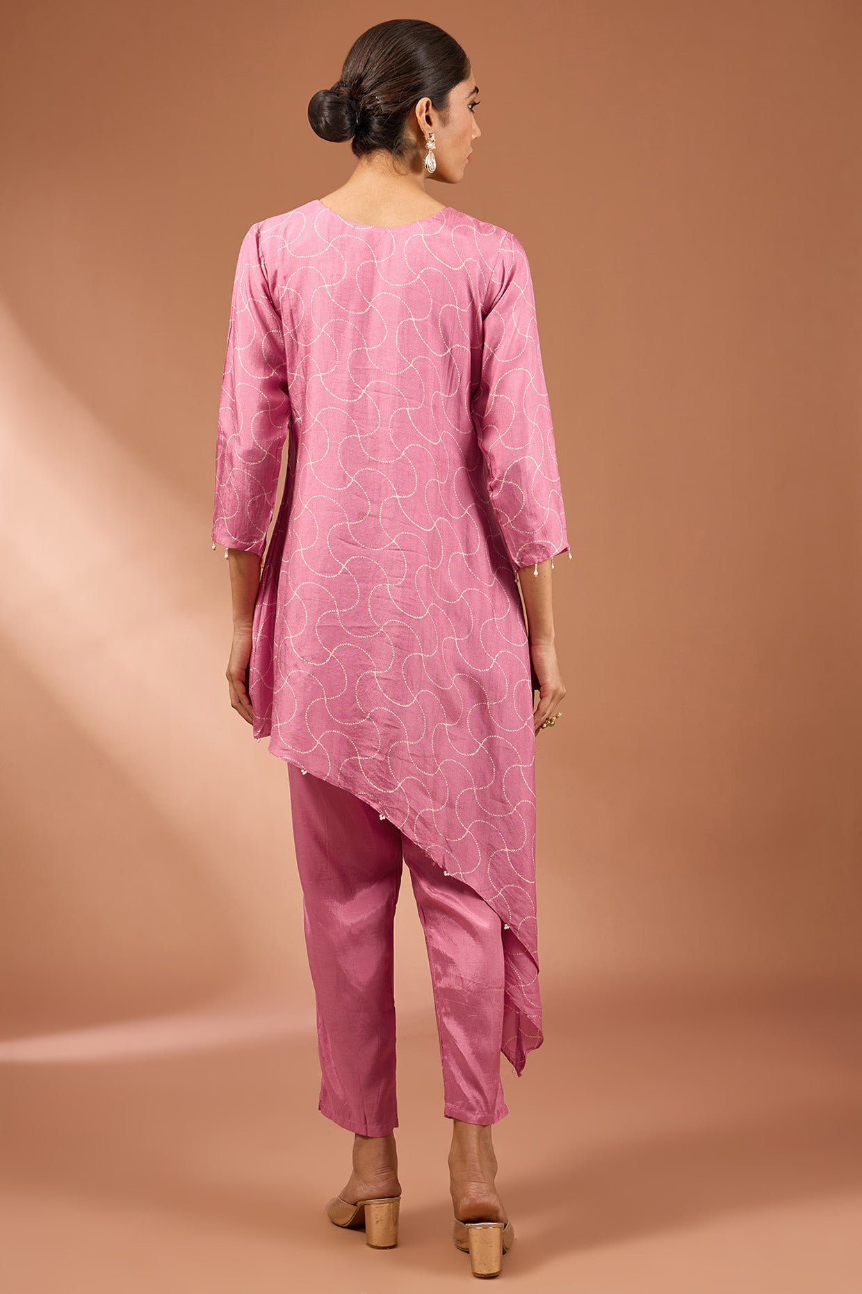 Pink Dupion Silk Zardosi Embroidered High-Low Kurta Set