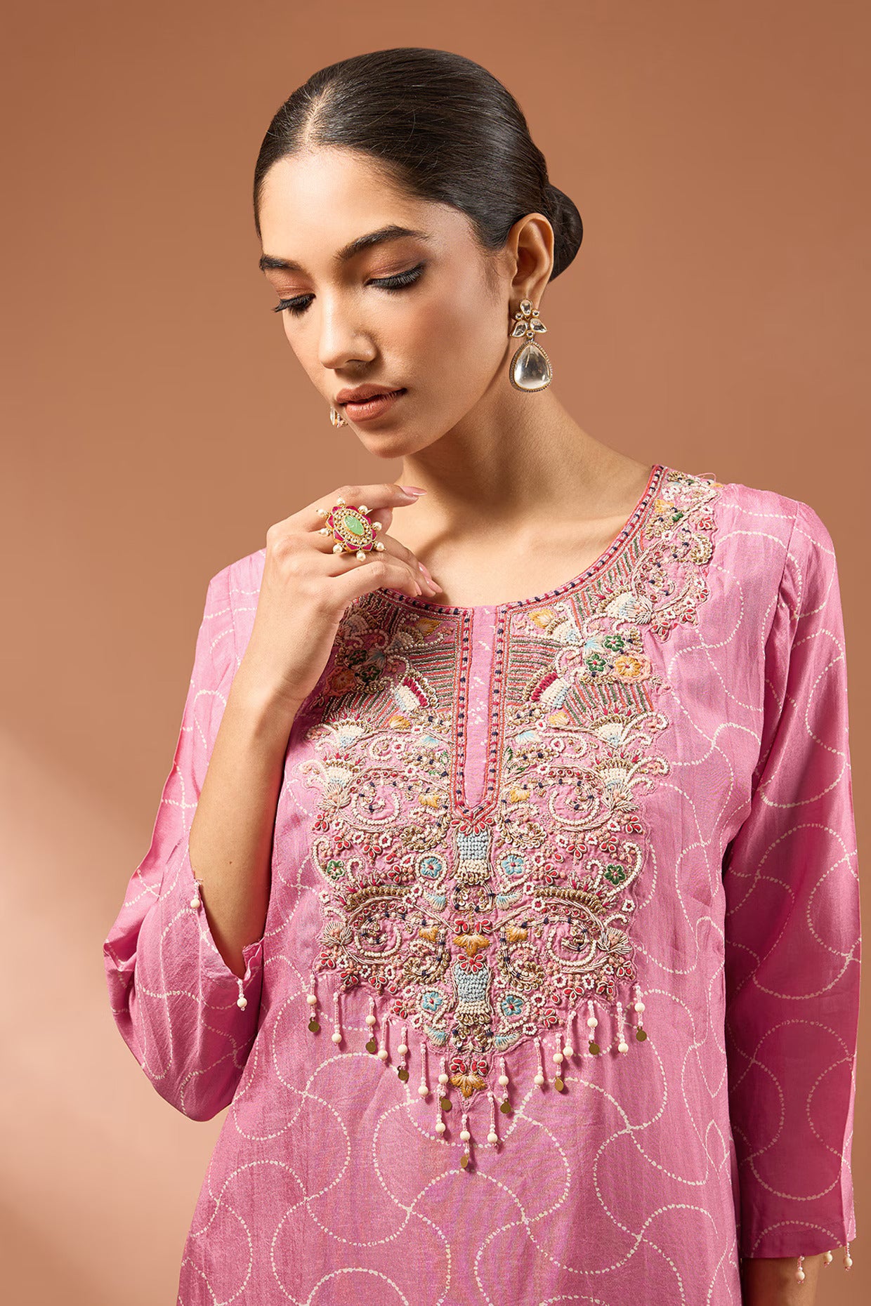 Pink Dupion Silk Zardosi Embroidered High-Low Kurta Set