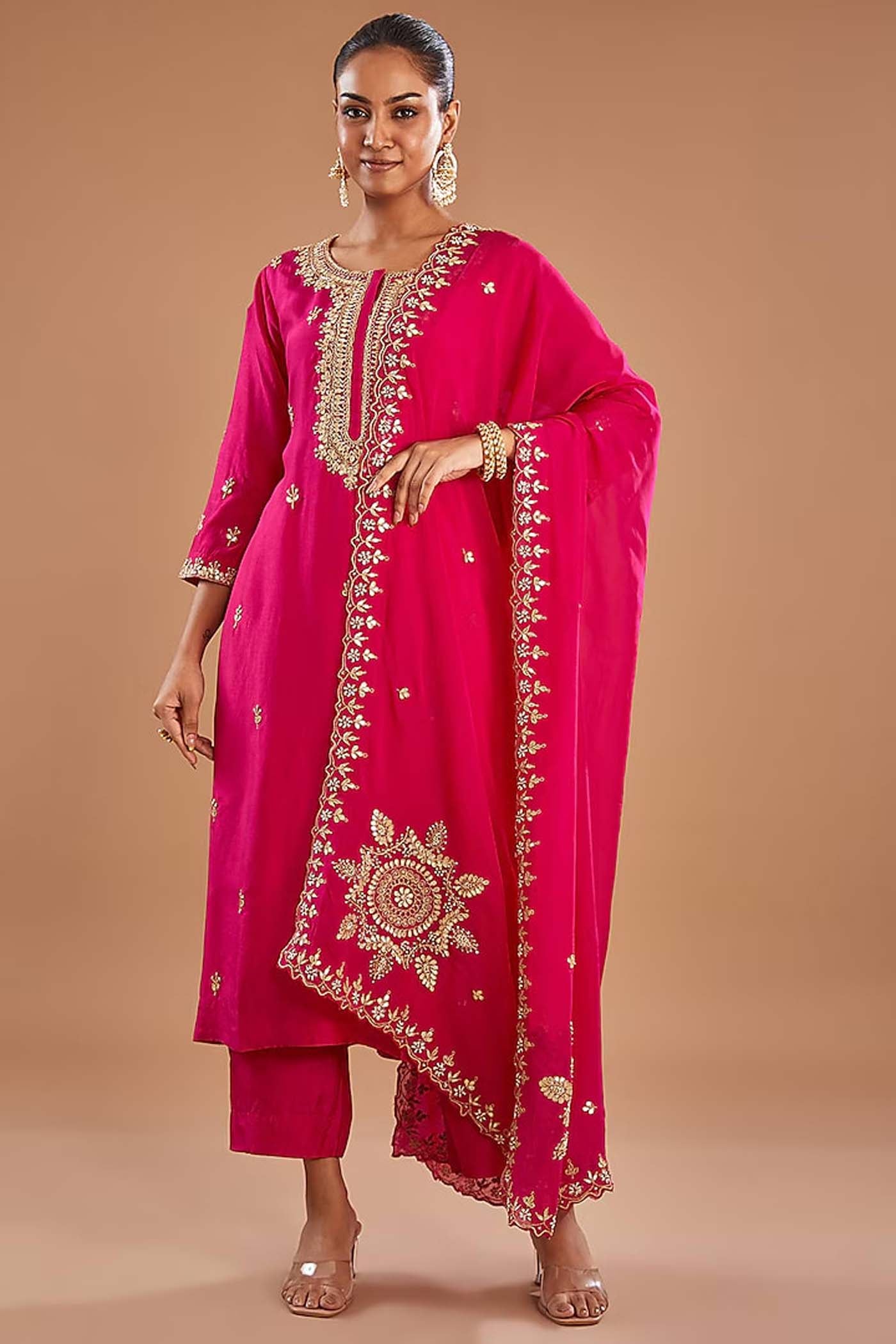 Fuchsia Straight Suit with Panst and Heavy Dupatta