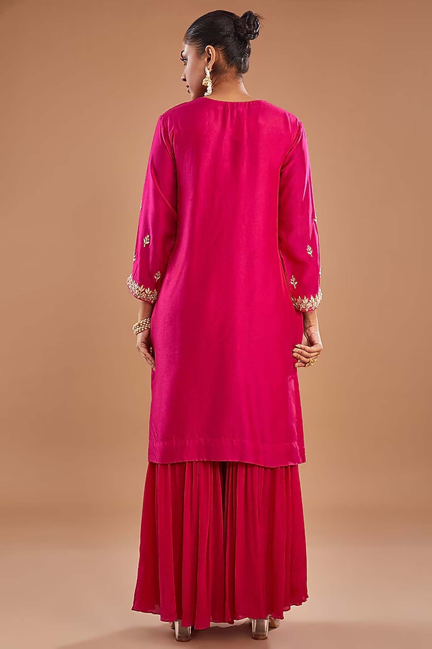 Fuchsia Embroidered Suit with Sharara and Scallop Dupatta
