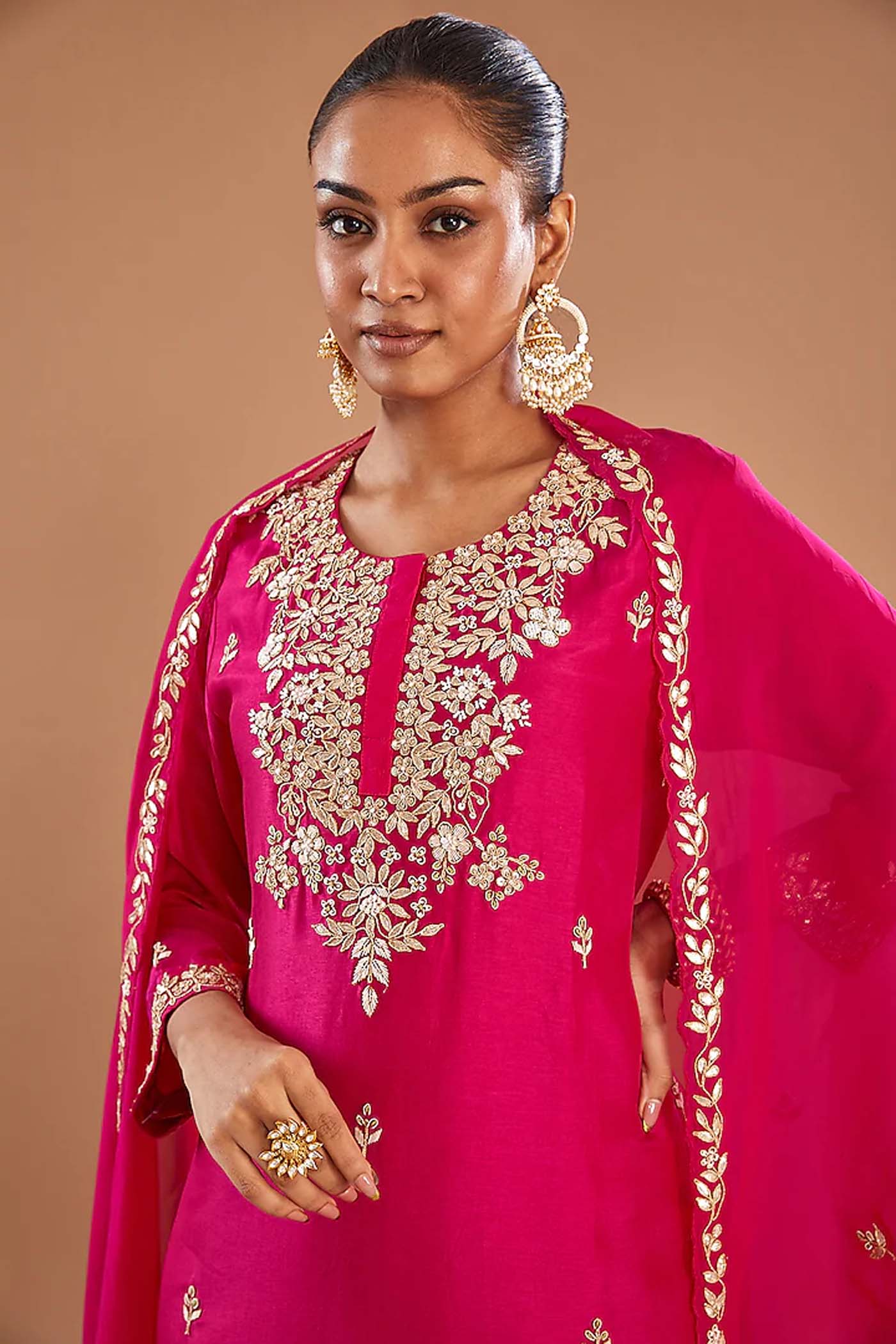 Fuchsia Embroidered Suit with Sharara and Scallop Dupatta