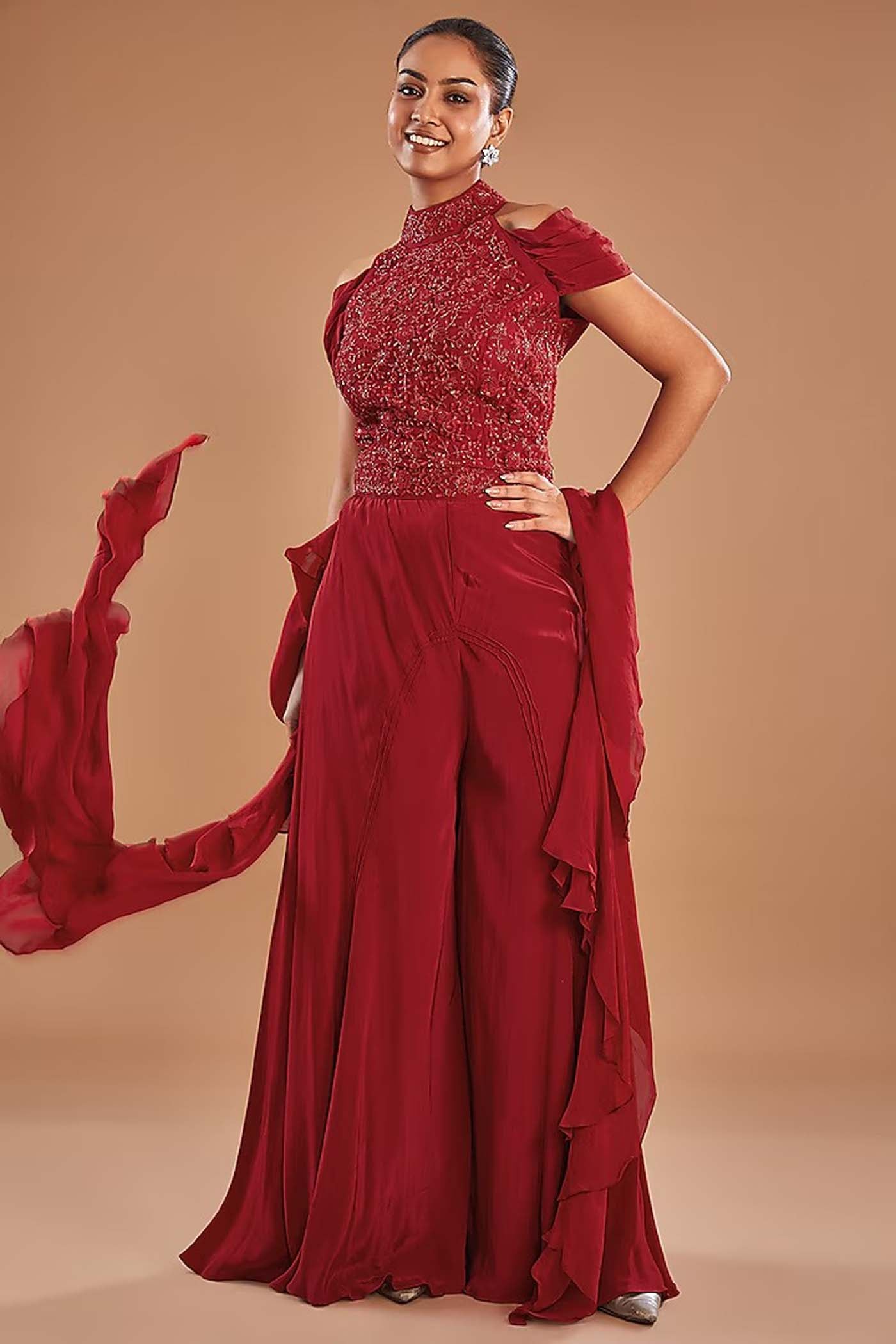 Red Halter Neck Blouse with Palazzo and Dupatta