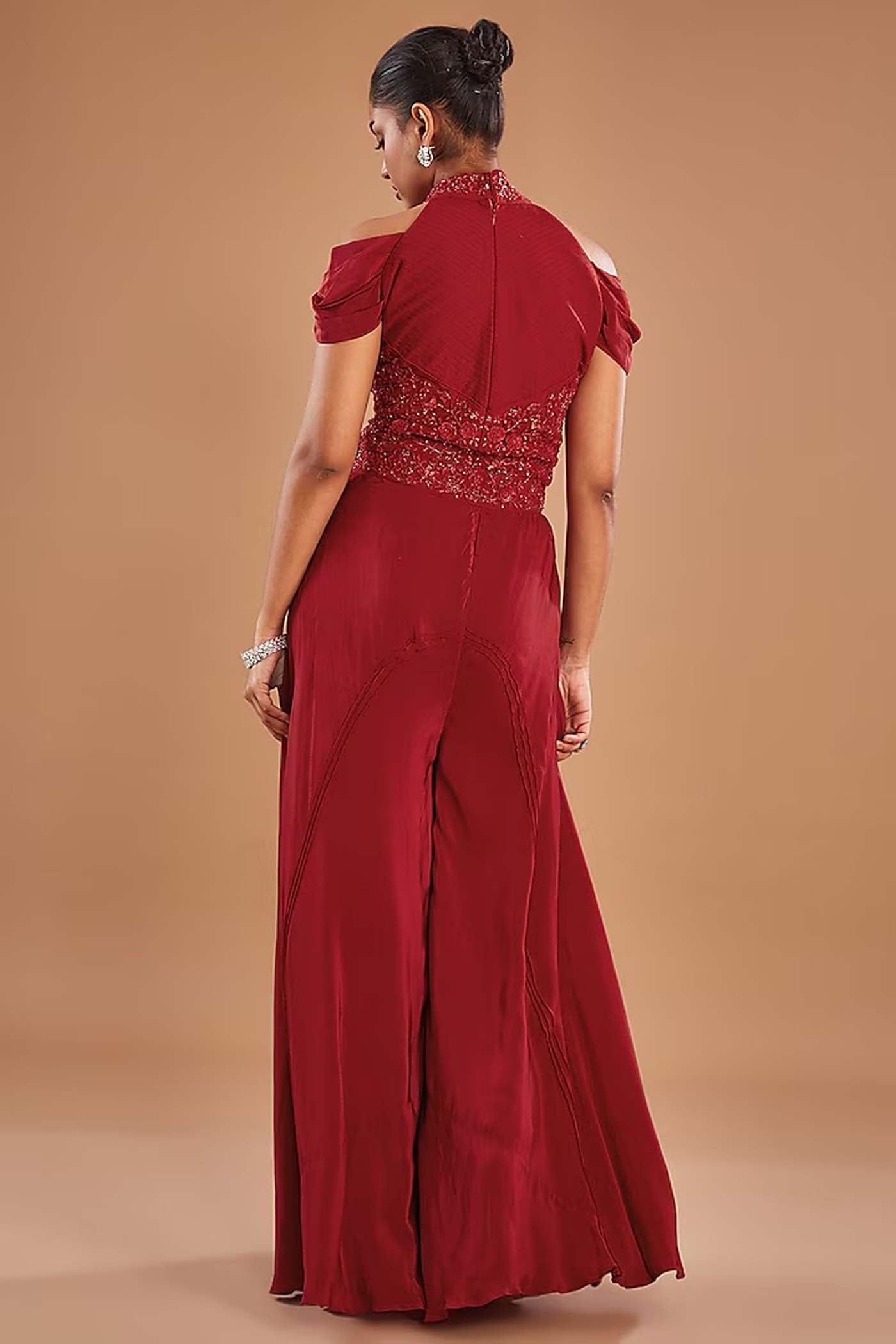 Red Halter Neck Blouse with Palazzo and Dupatta
