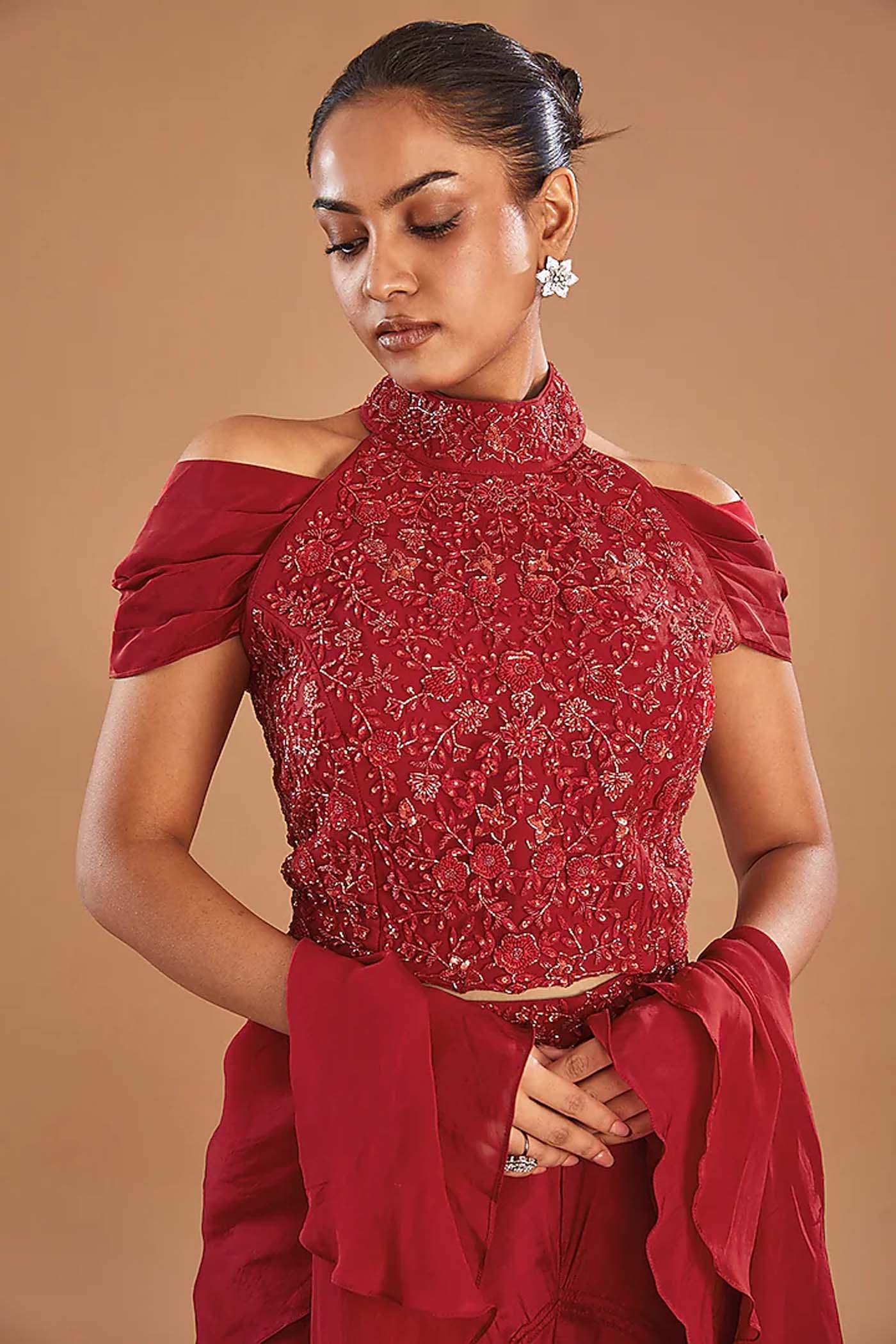 Red Halter Neck Blouse with Palazzo and Dupatta