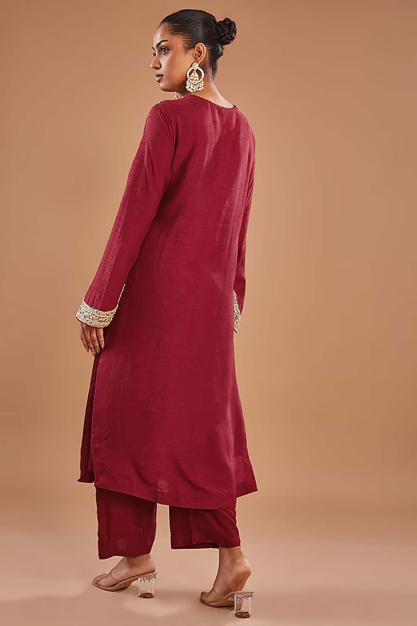Maroon Zari Embroidered Shirt with Pants and Dupatta