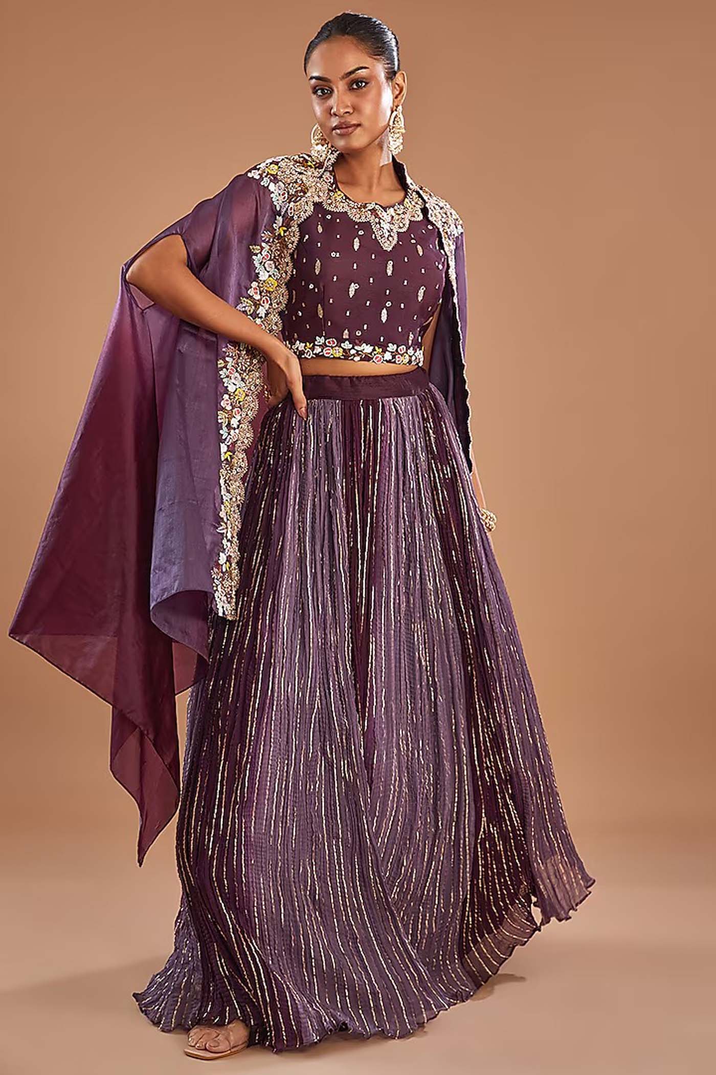 Purple Crop-Top with Ruched Lehenga and Organza Cape