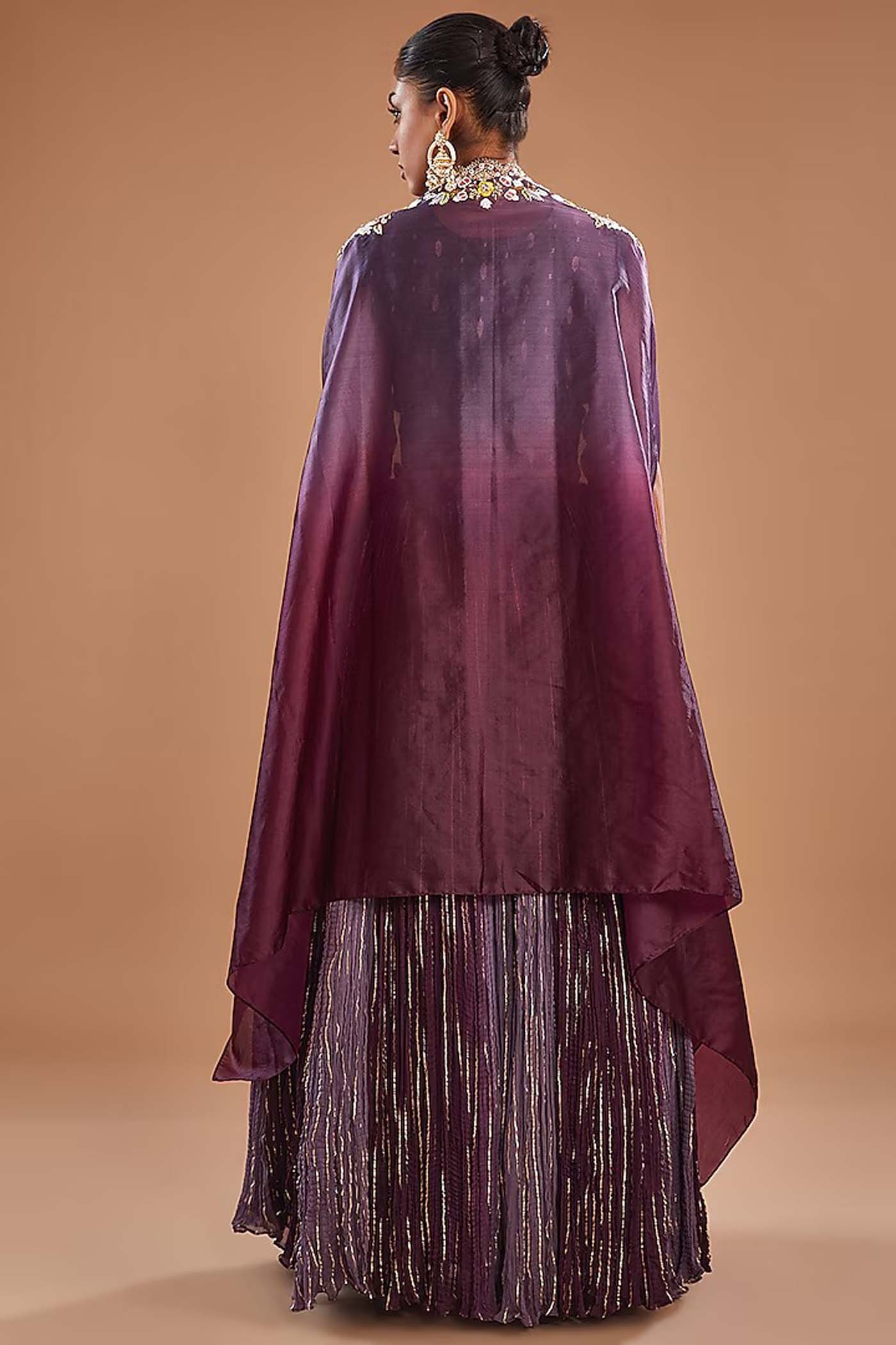 Purple Crop-Top with Ruched Lehenga and Organza Cape